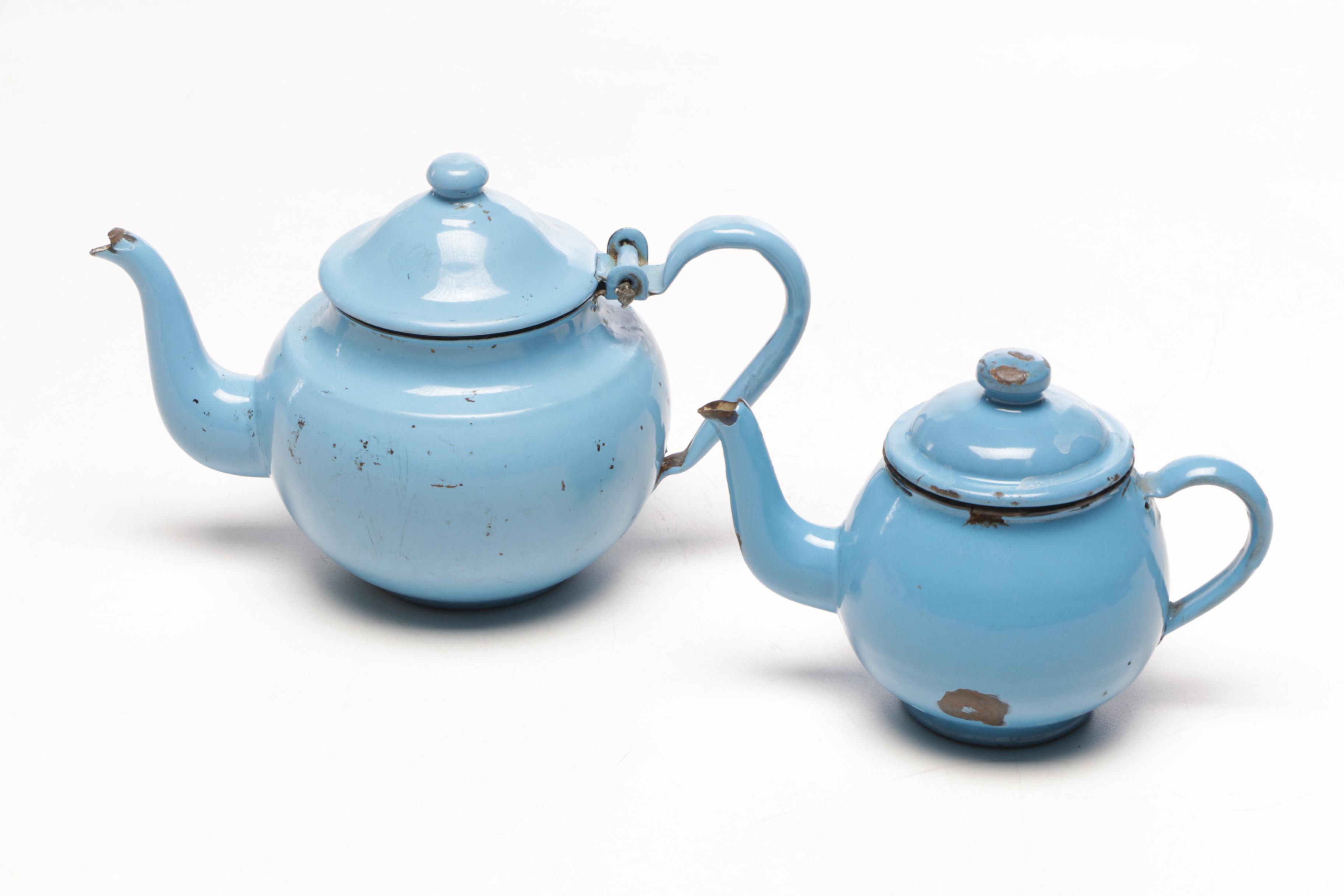 Blue Enamel Pitcher, Large Tea Pot, and Other Kitchenware