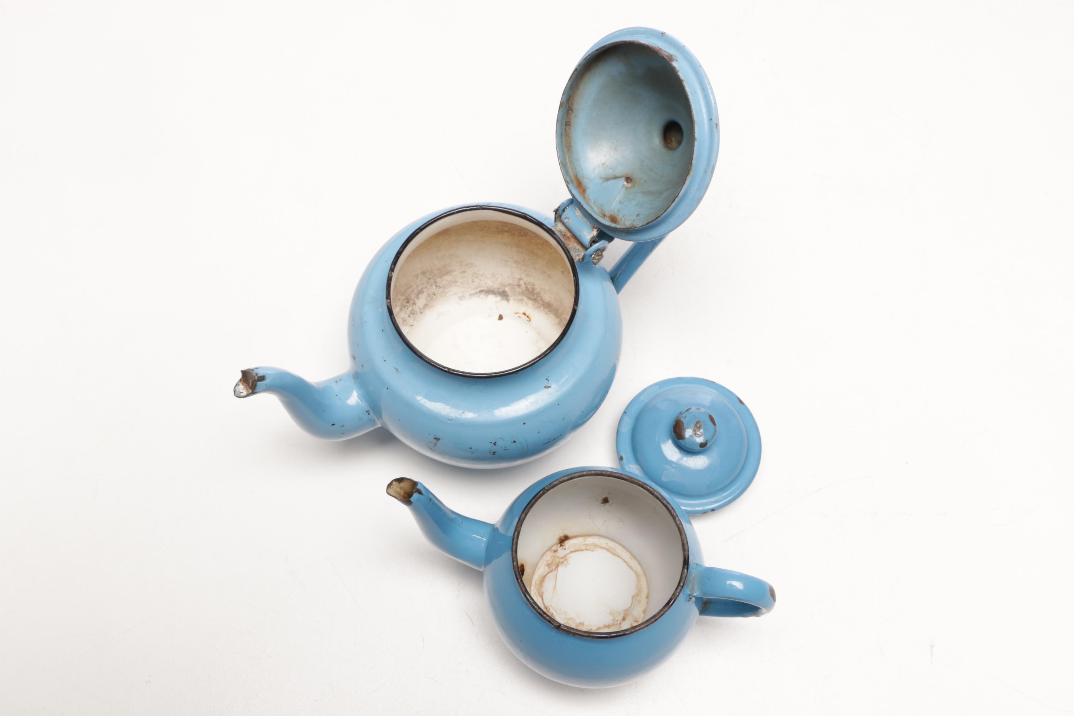 Blue Enamel Pitcher, Large Tea Pot, and Other Kitchenware