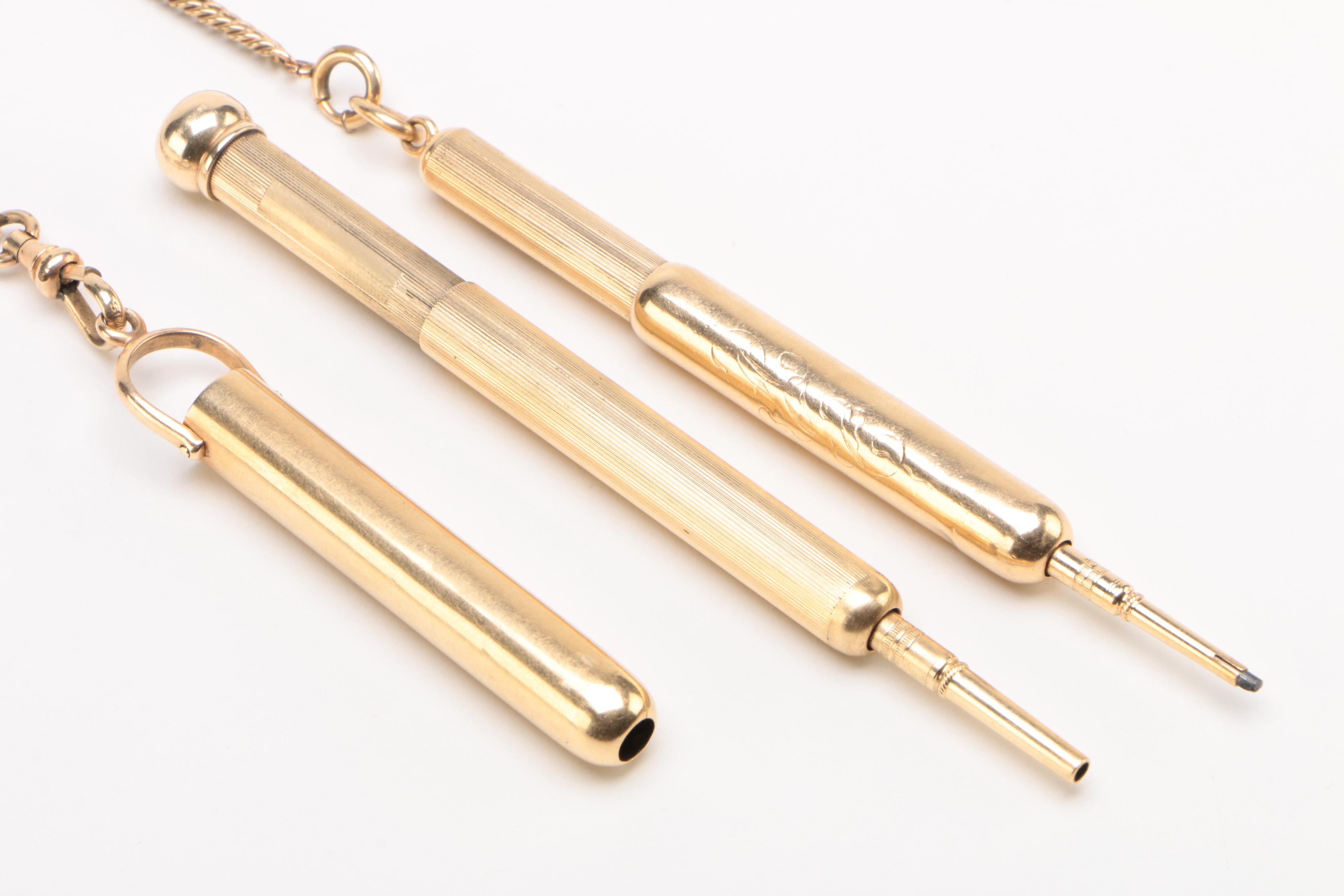 Chatelaine Pencil and Pen Set with 14K Gold, Late 19th/ Early 20th Century
