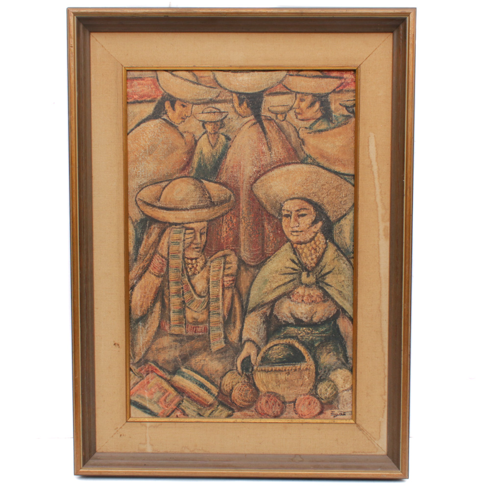 Camilo Egas Ecuadorian Market Scene Mixed Media Painting