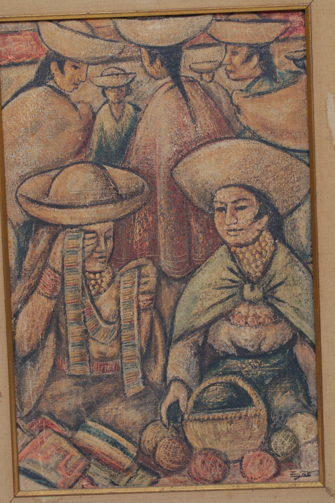 Camilo Egas Ecuadorian Market Scene Mixed Media Painting