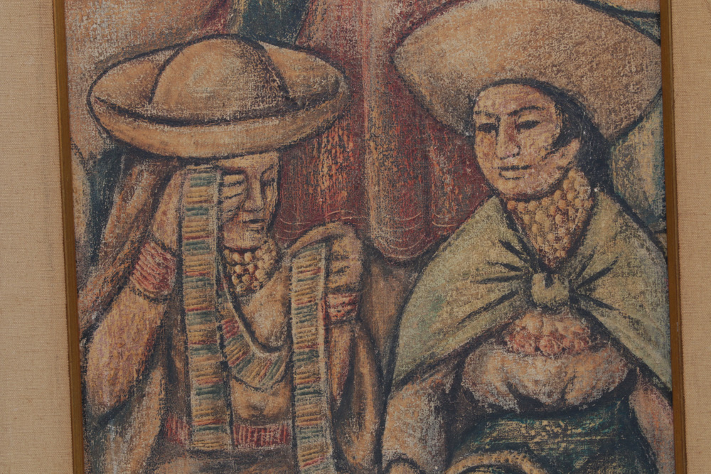 Camilo Egas Ecuadorian Market Scene Mixed Media Painting