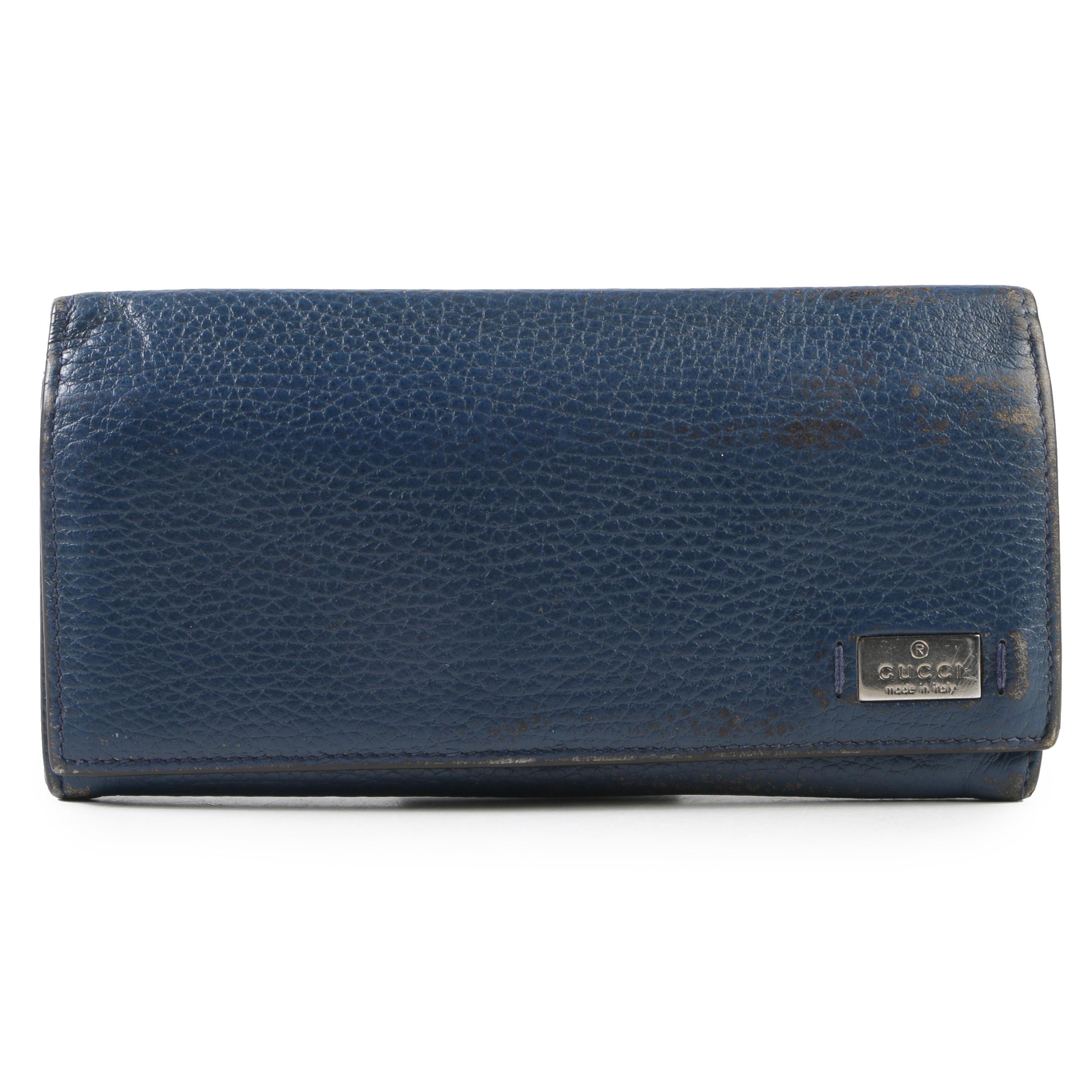 Gucci Blue Grained Leather Bifold Continental Wallet