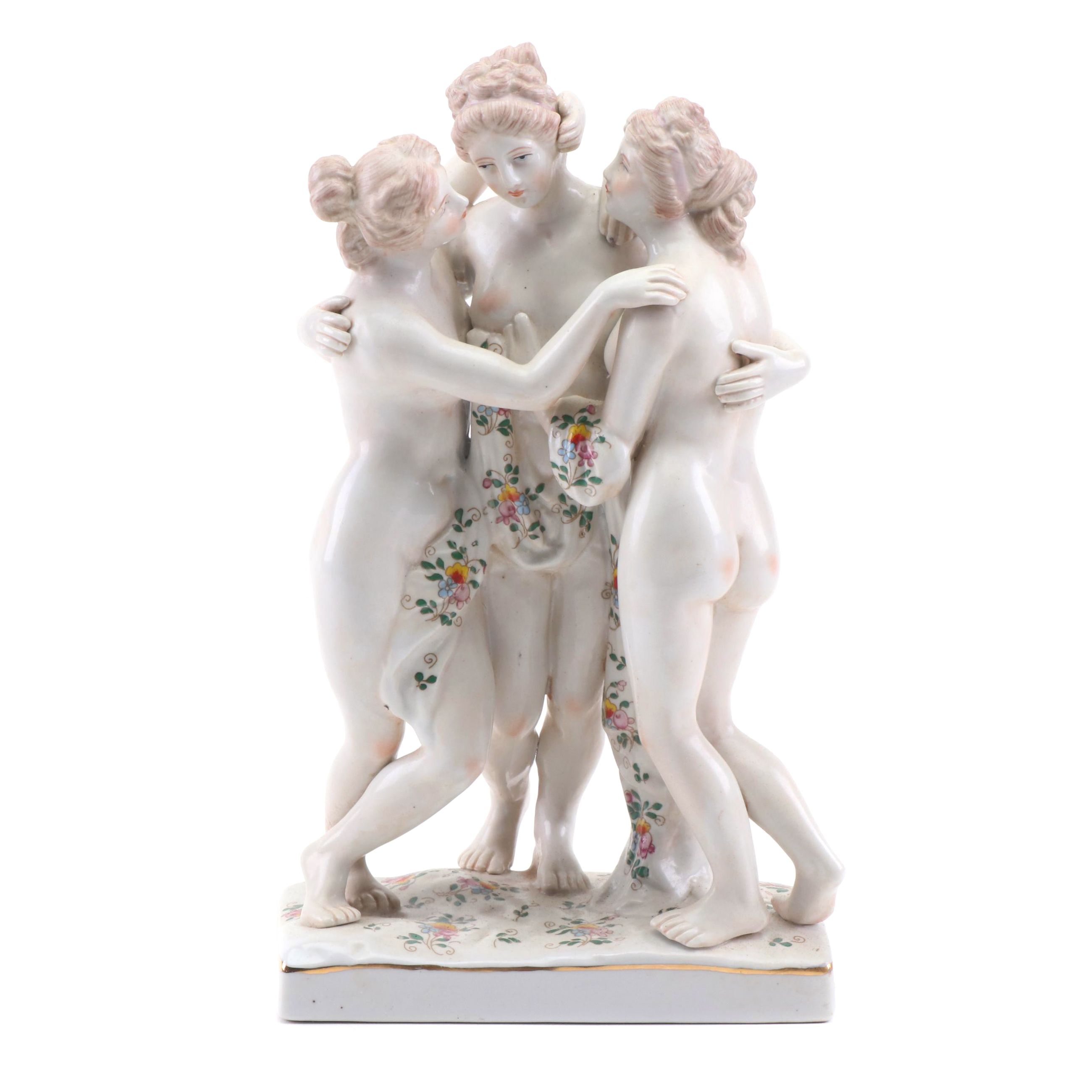 Hand-Painted Dresden Porcelain Figurine of Nude Women, Early to Mid 20th Century