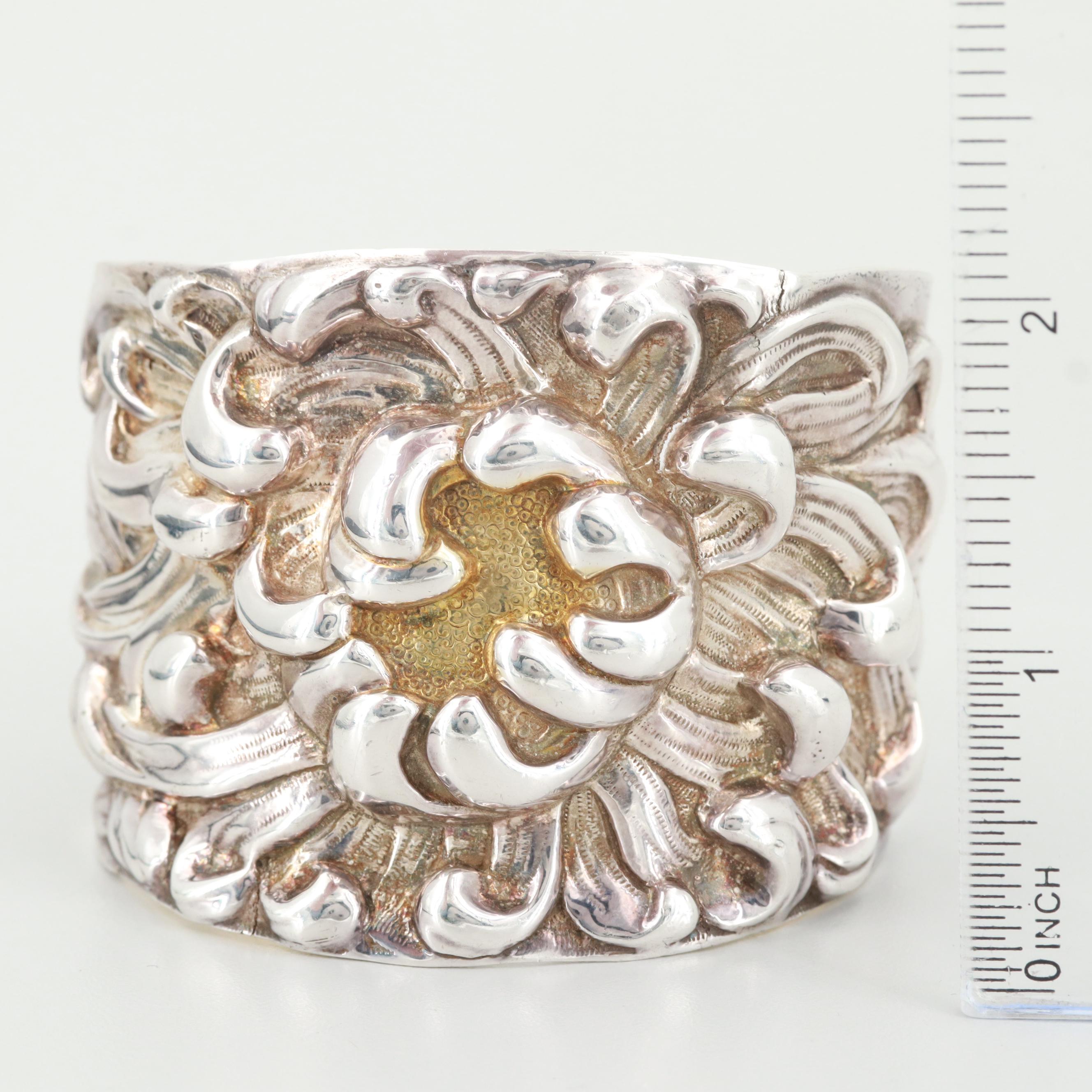 Galmer Sterling Silver "Peony" Repoussé Cuff Bracelet with Gold Wash Accents