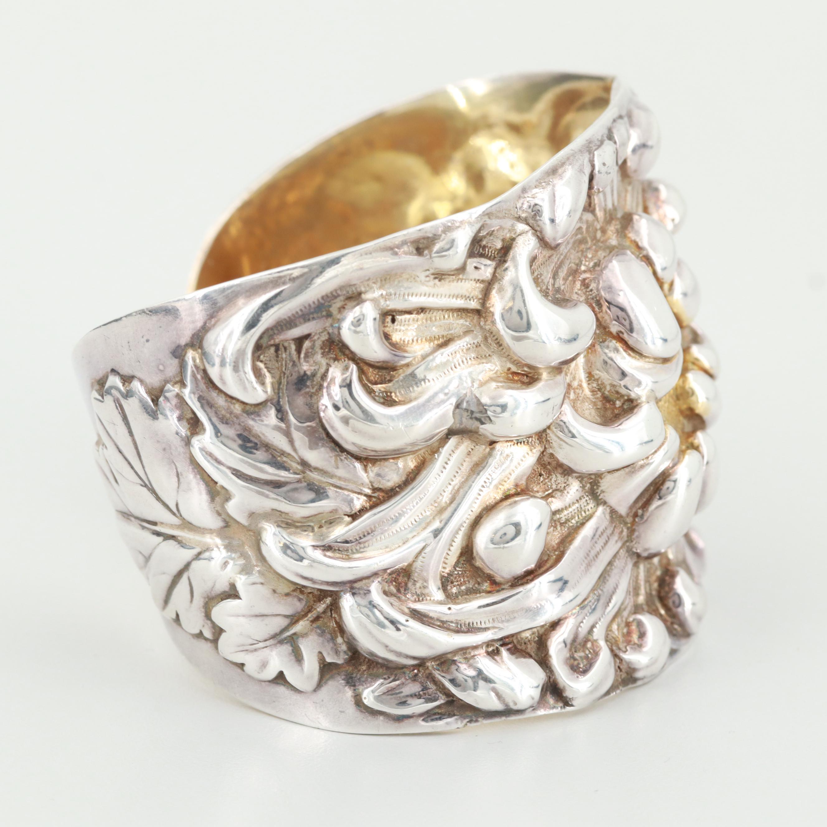 Galmer Sterling Silver "Peony" Repoussé Cuff Bracelet with Gold Wash Accents