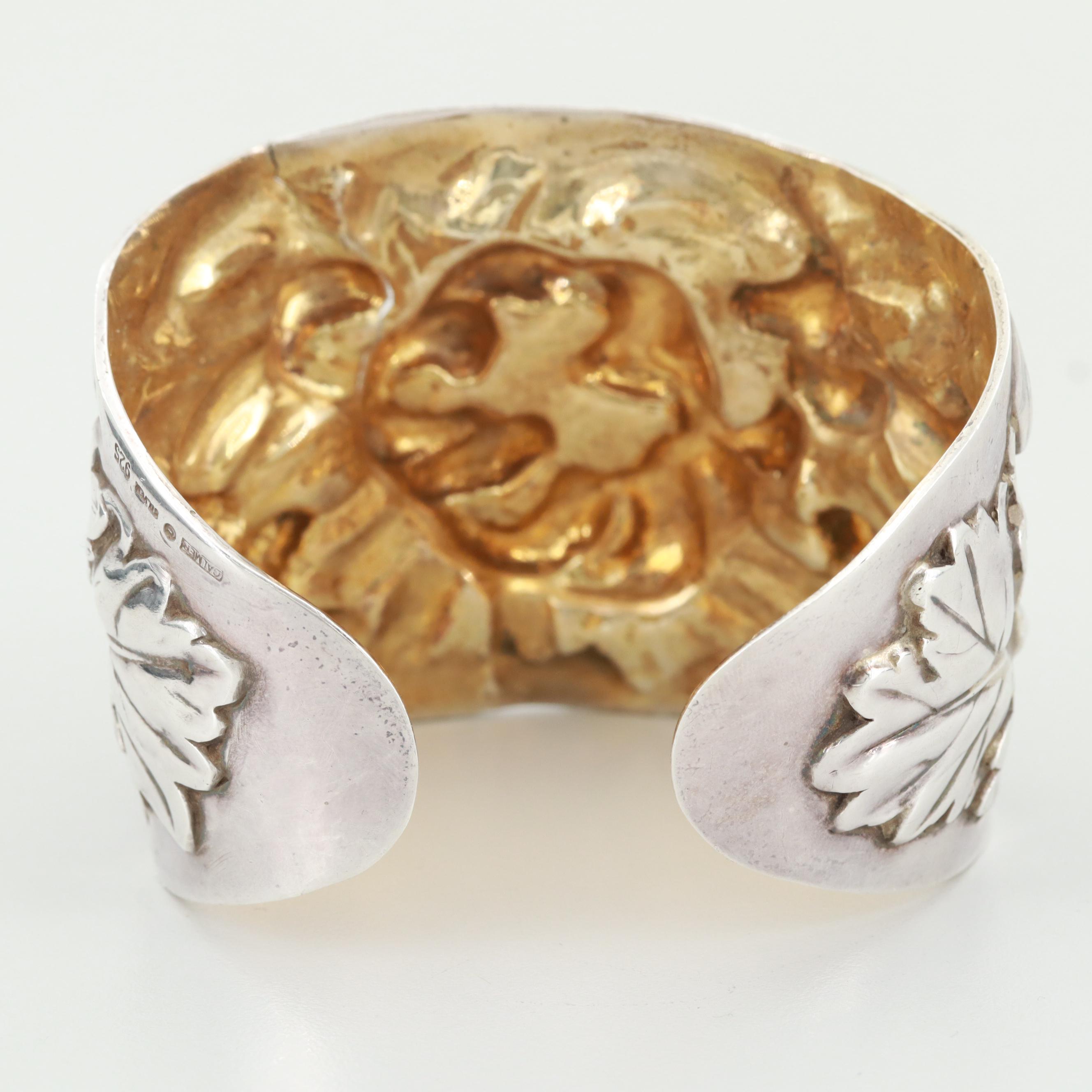 Galmer Sterling Silver "Peony" Repoussé Cuff Bracelet with Gold Wash Accents