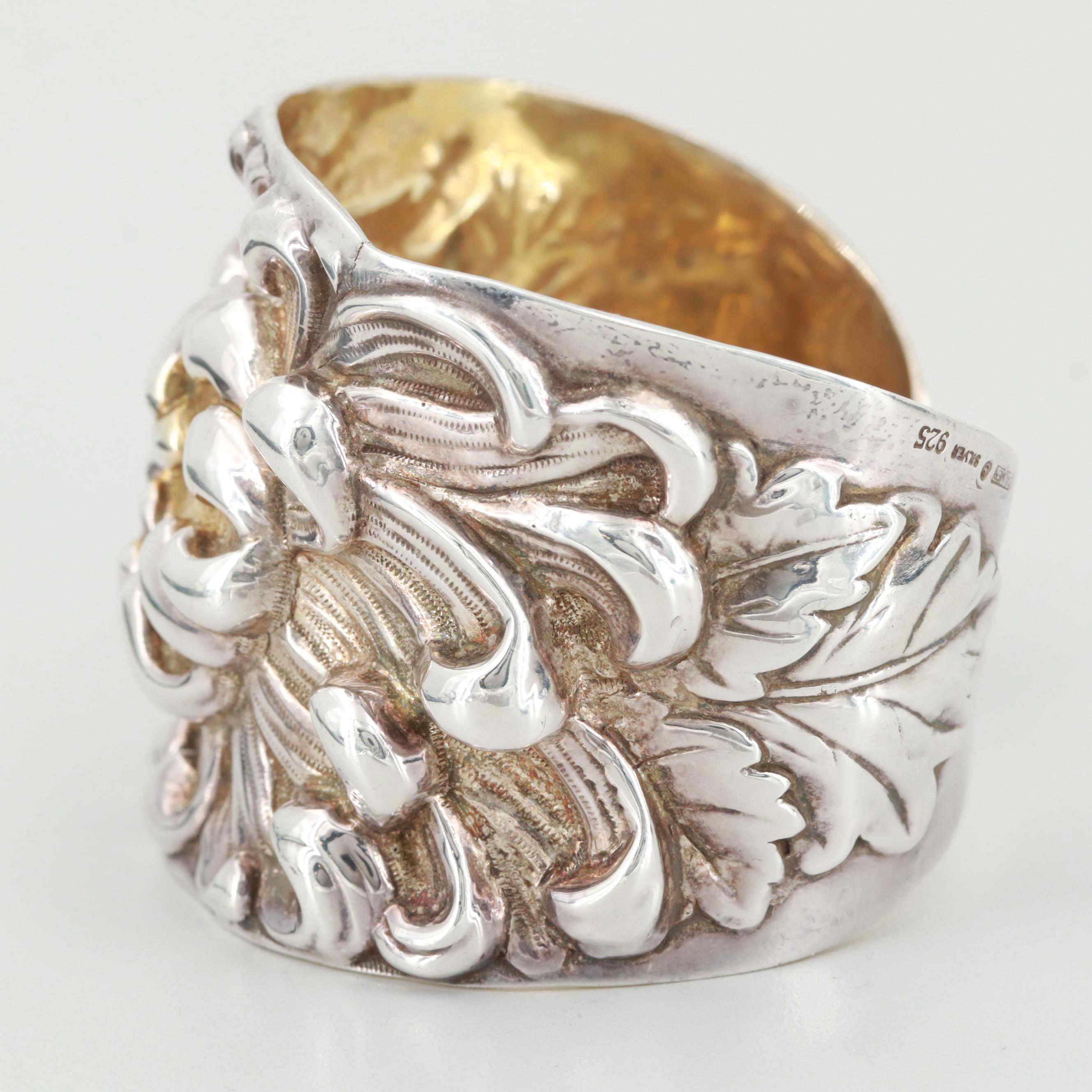 Galmer Sterling Silver "Peony" Repoussé Cuff Bracelet with Gold Wash Accents