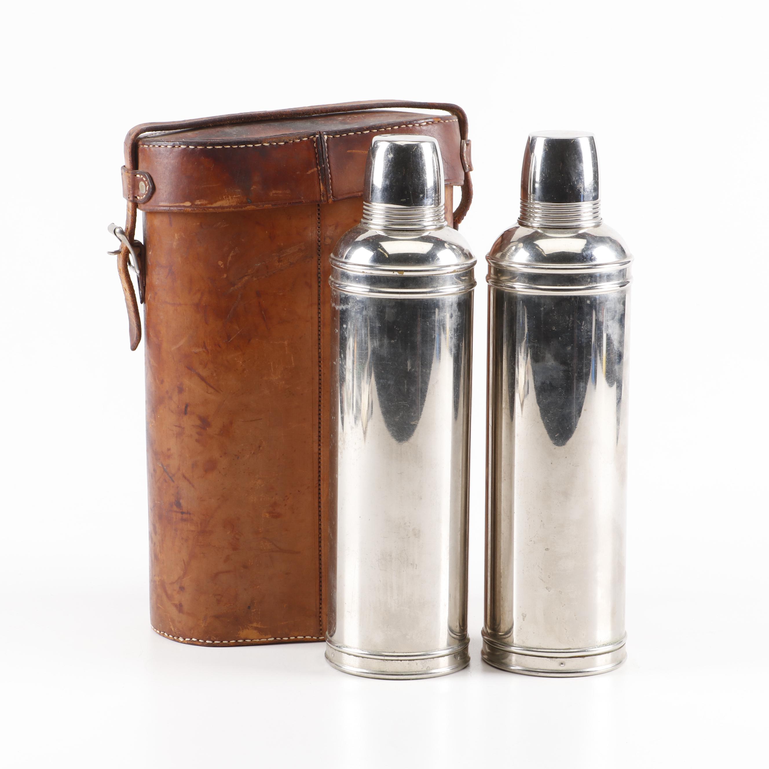 Silver Plate Thermos Bottles in Leather Travel Case, Early 20th Century