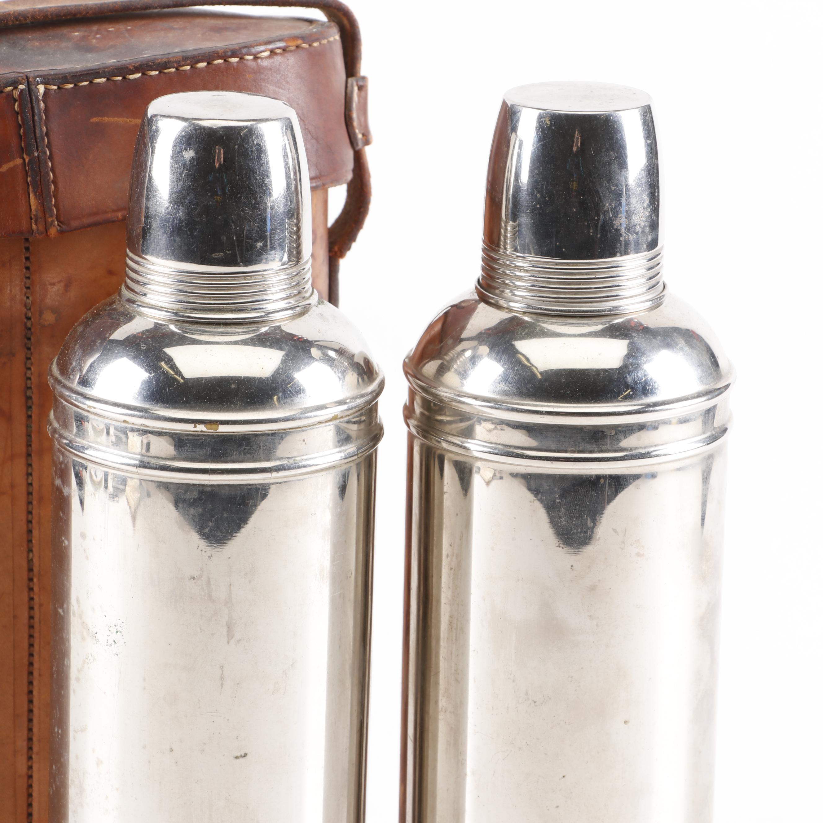 Silver Plate Thermos Bottles in Leather Travel Case, Early 20th Century