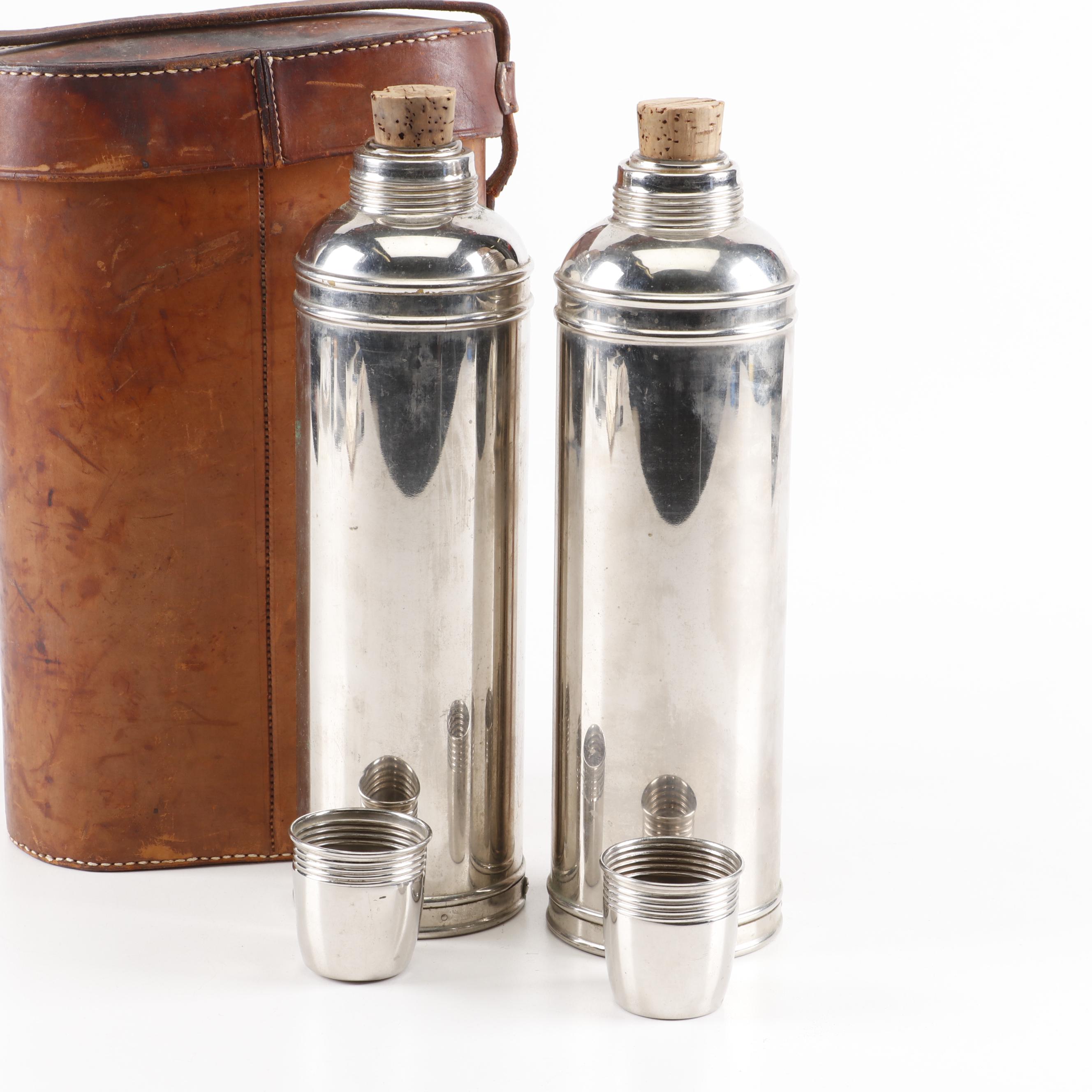 Silver Plate Thermos Bottles in Leather Travel Case, Early 20th Century