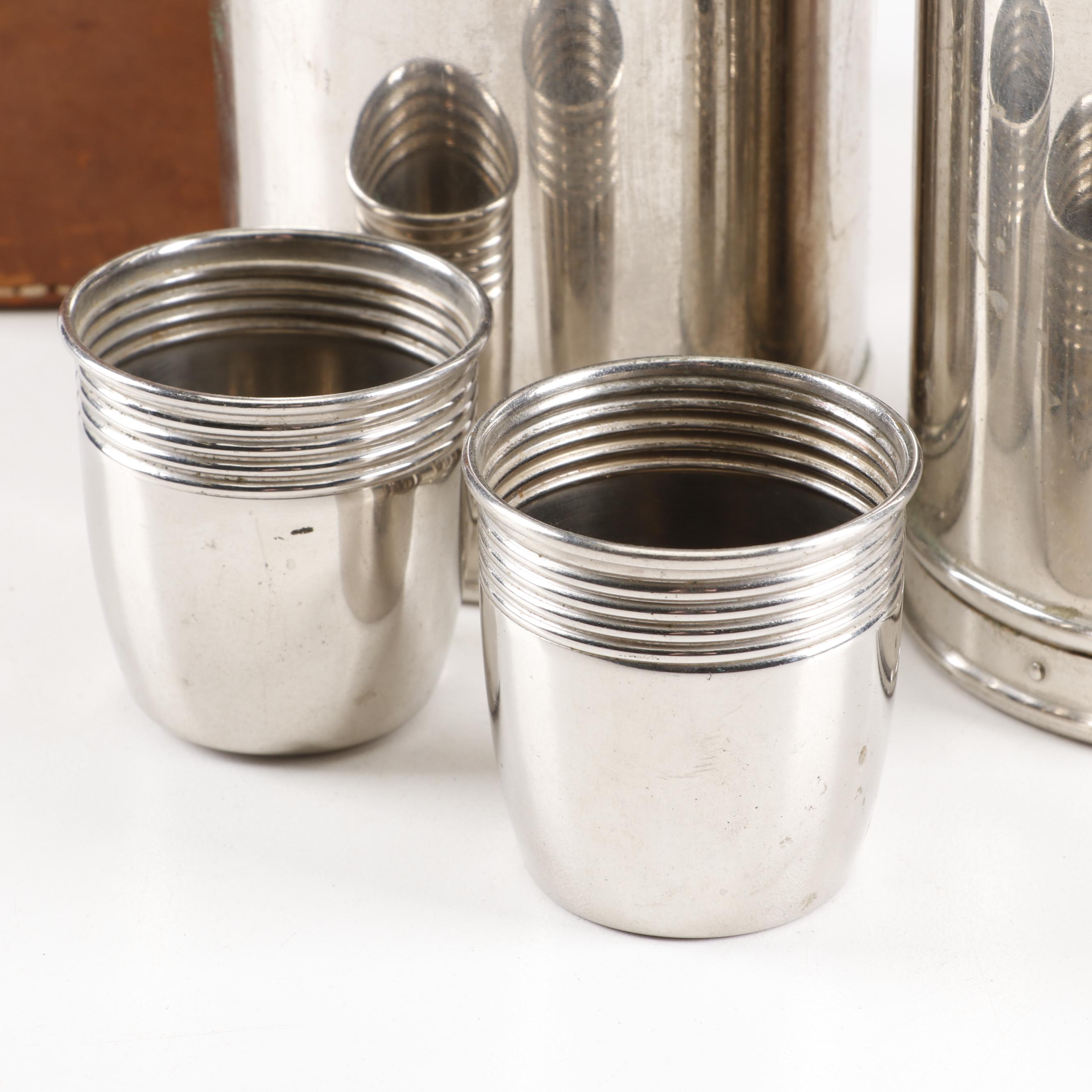 Silver Plate Thermos Bottles in Leather Travel Case, Early 20th Century