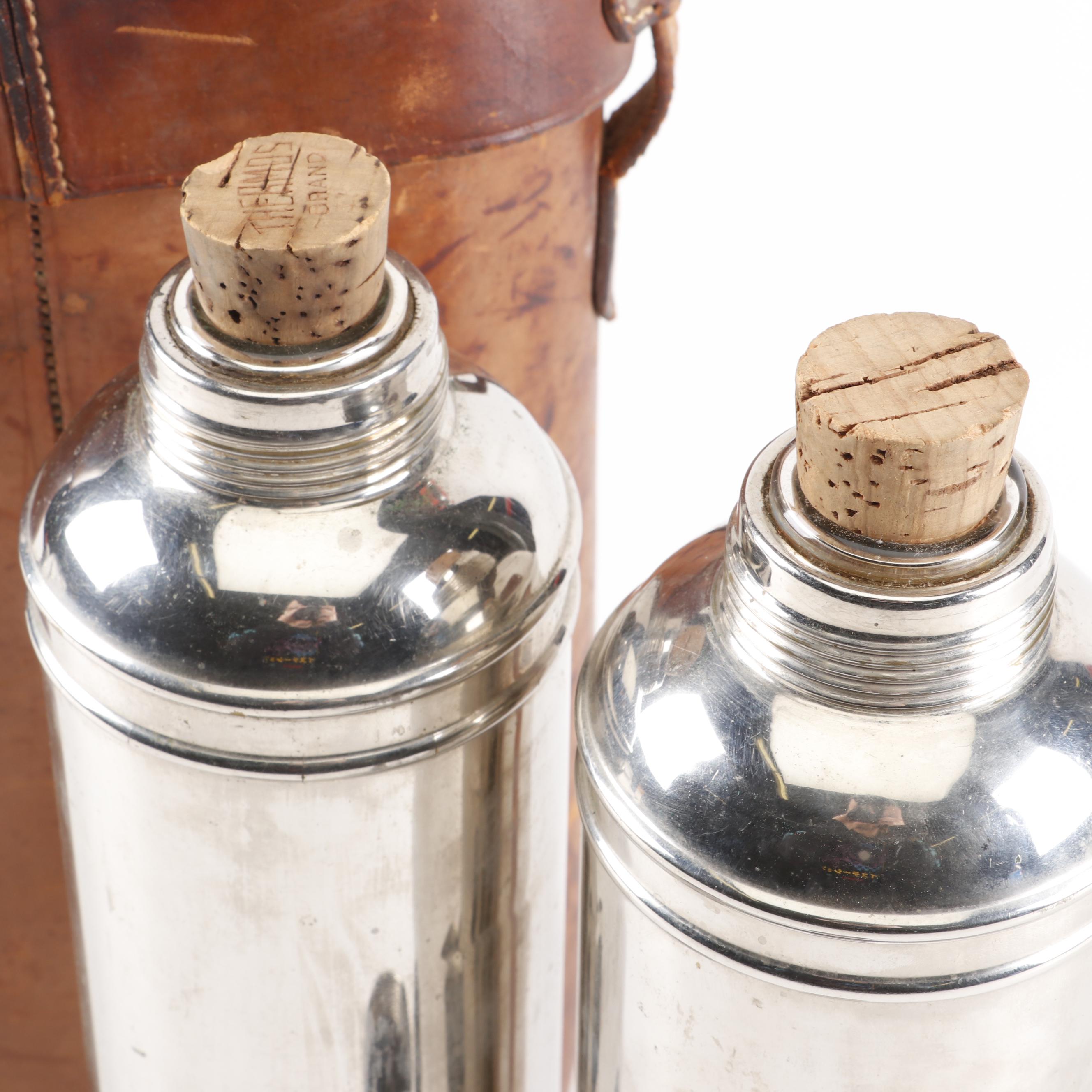 Silver Plate Thermos Bottles in Leather Travel Case, Early 20th Century