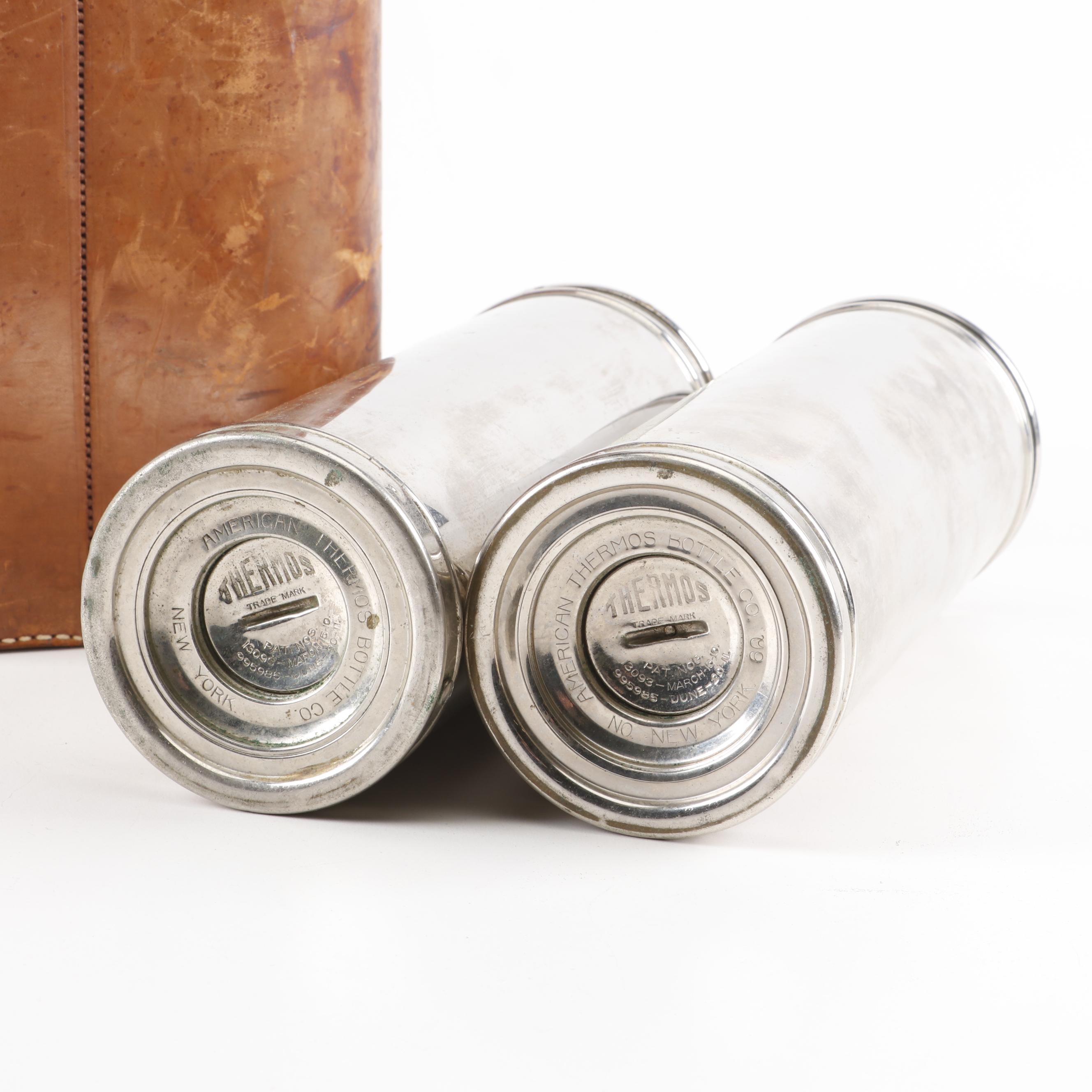 Silver Plate Thermos Bottles in Leather Travel Case, Early 20th Century