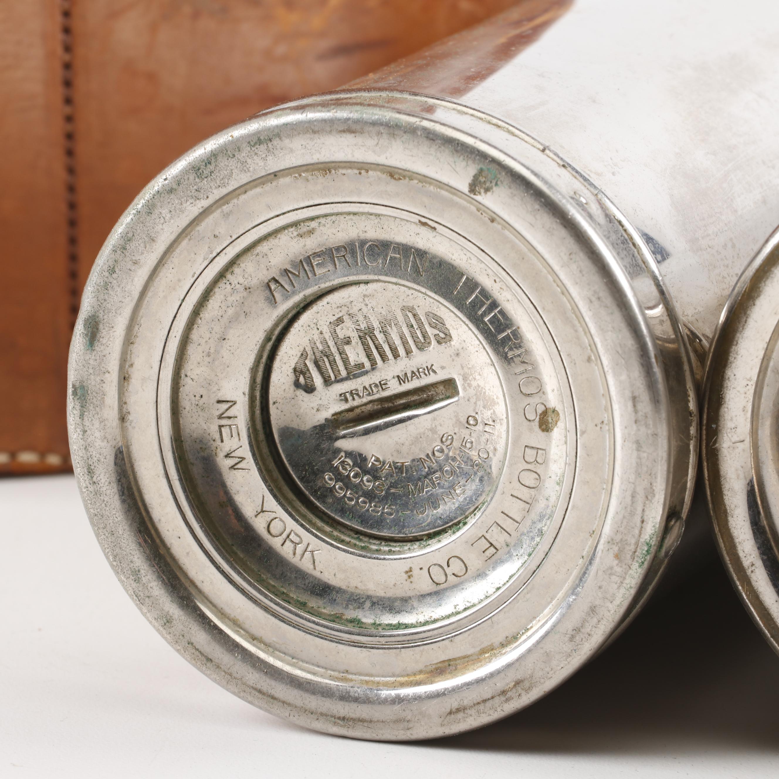 Silver Plate Thermos Bottles in Leather Travel Case, Early 20th Century