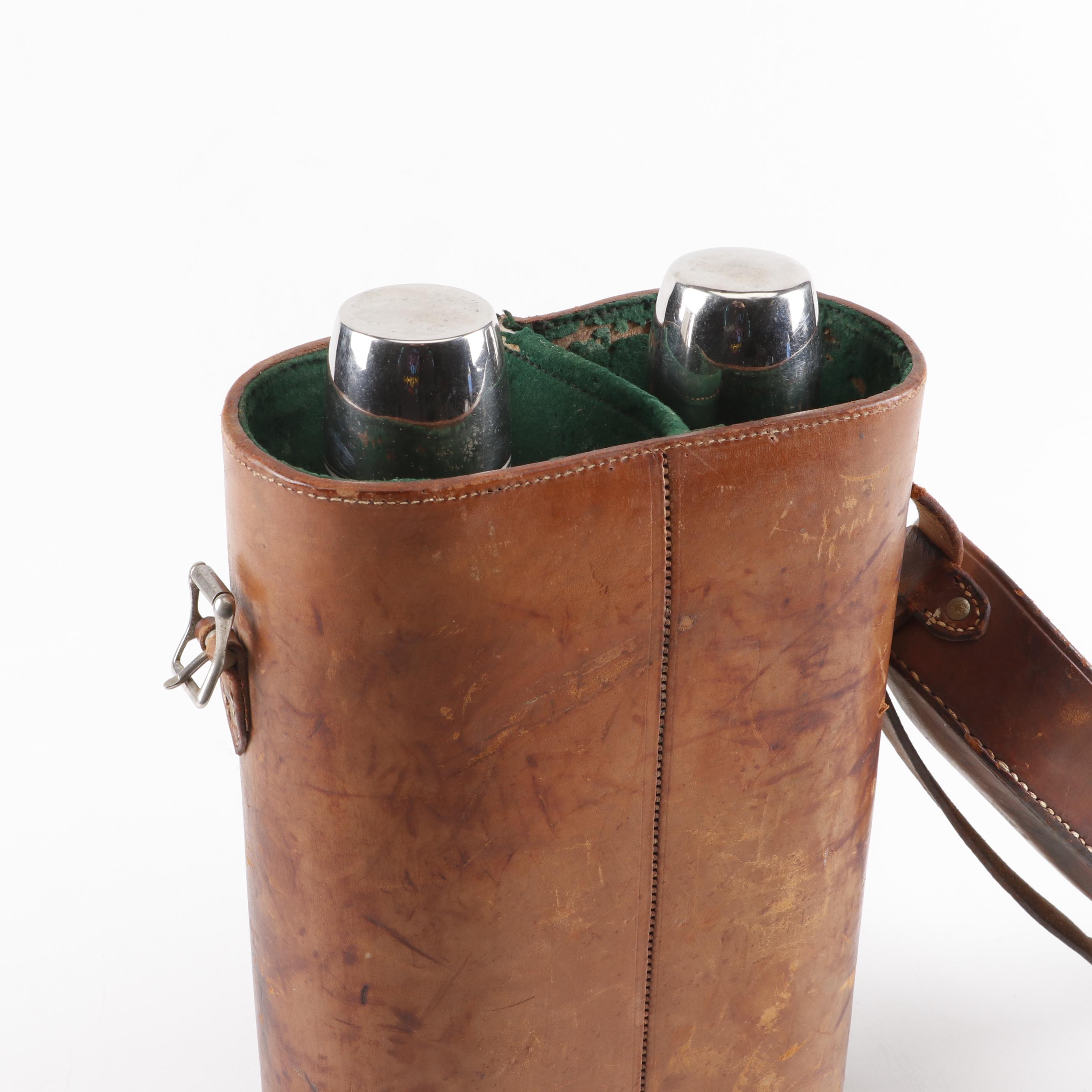 Silver Plate Thermos Bottles in Leather Travel Case, Early 20th Century