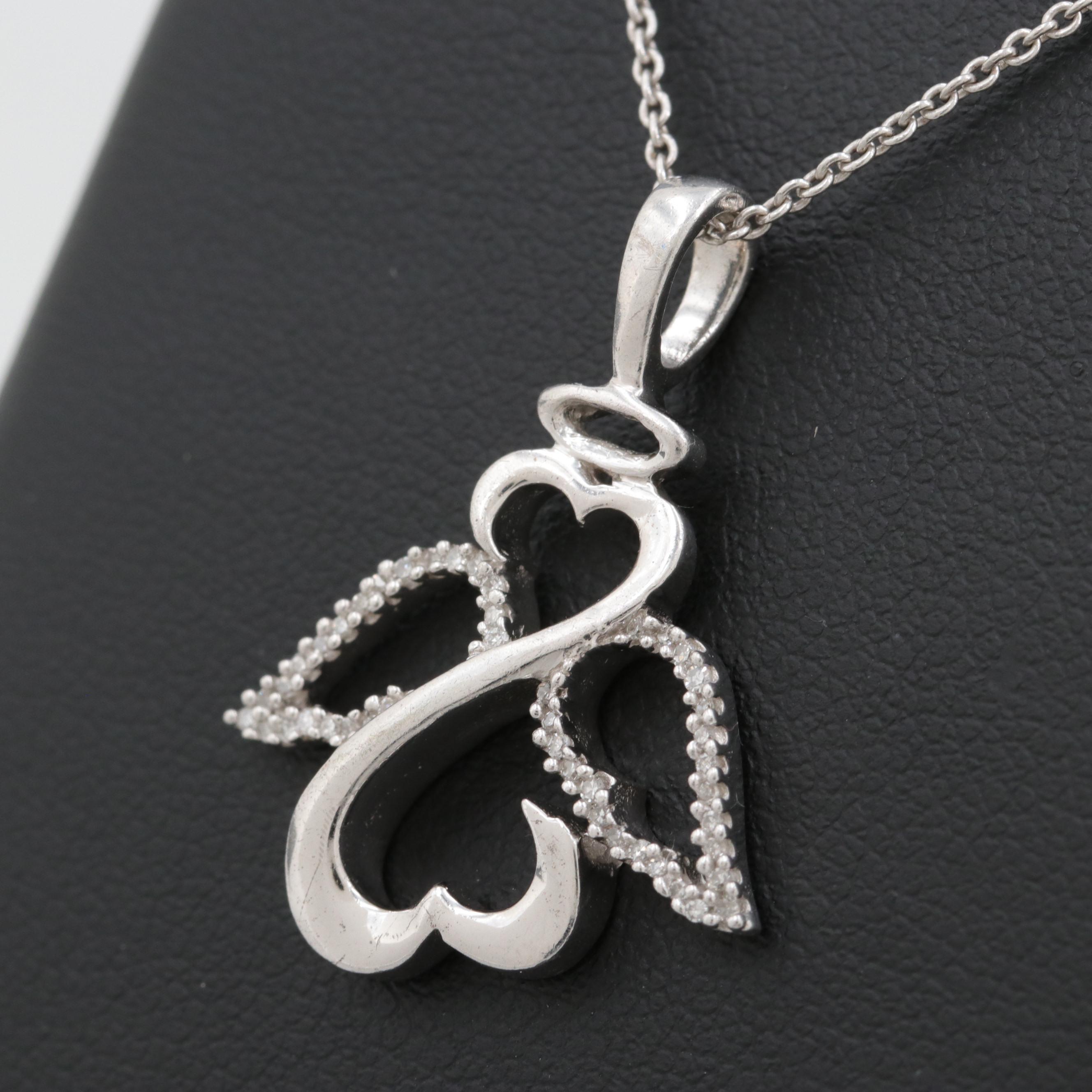 Jane Seymour Sterling Silver Diamond Open Heart Angel Pendant Necklace