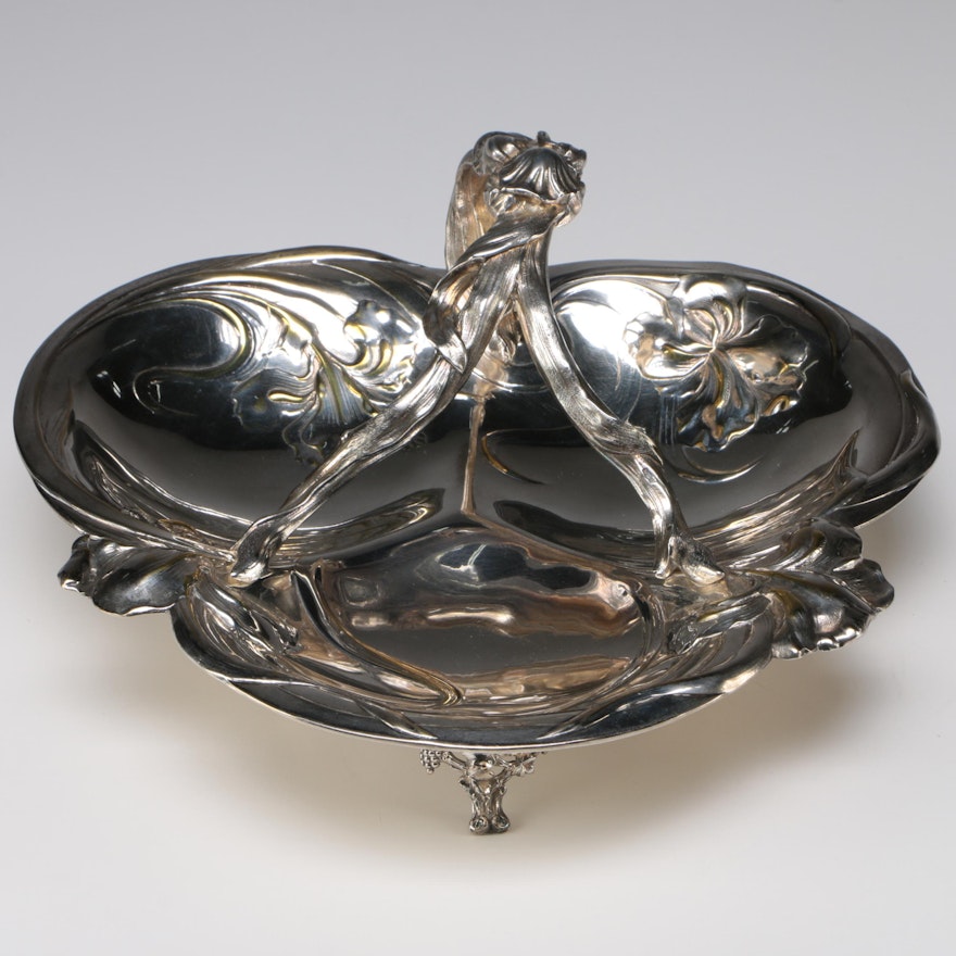 Victor Saglier French Art Nouveau Silver Plate Iris Serving Bowl, Late 19th