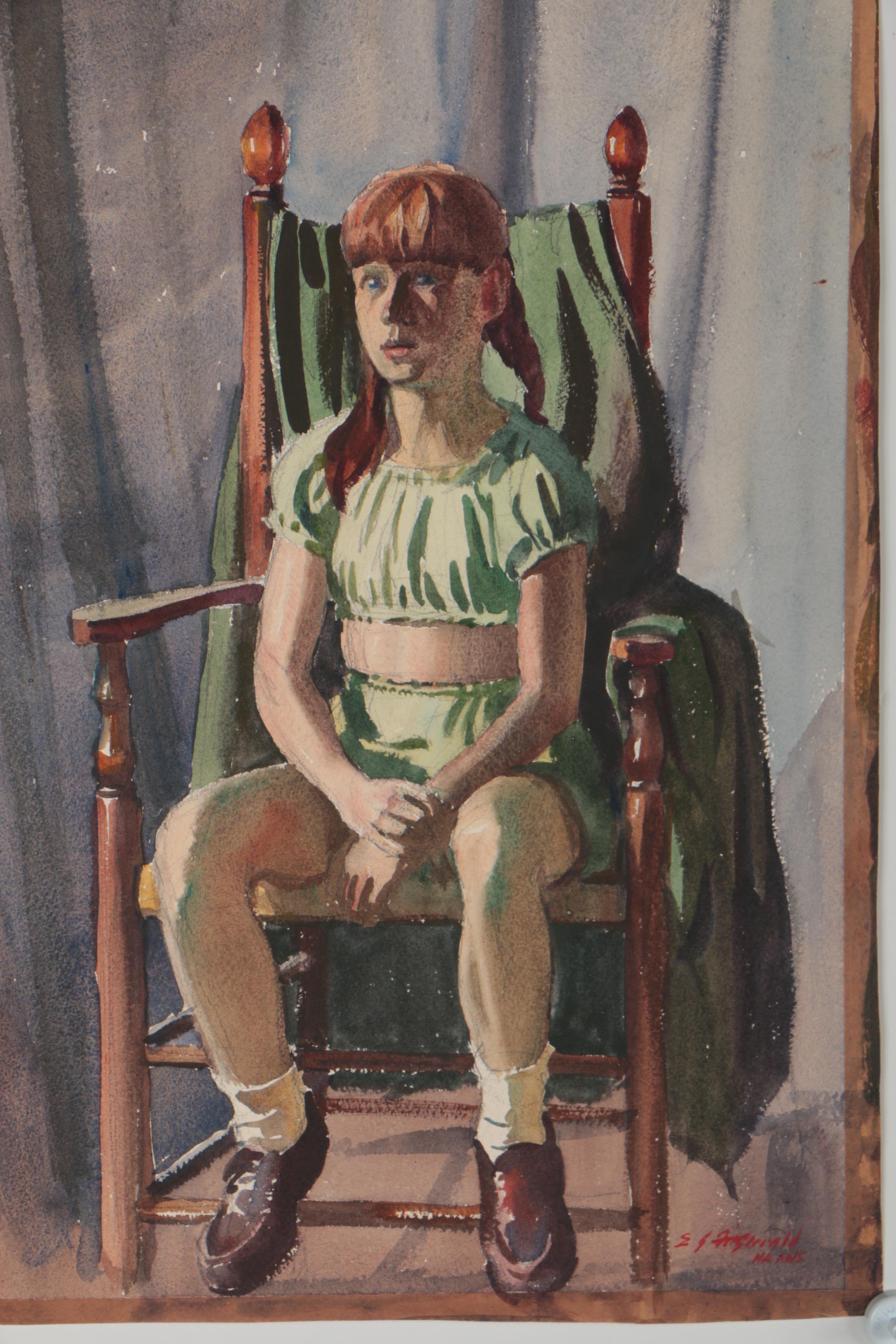 Edmond J. Fitzgerald Watercolor Portrait of Seated Girl