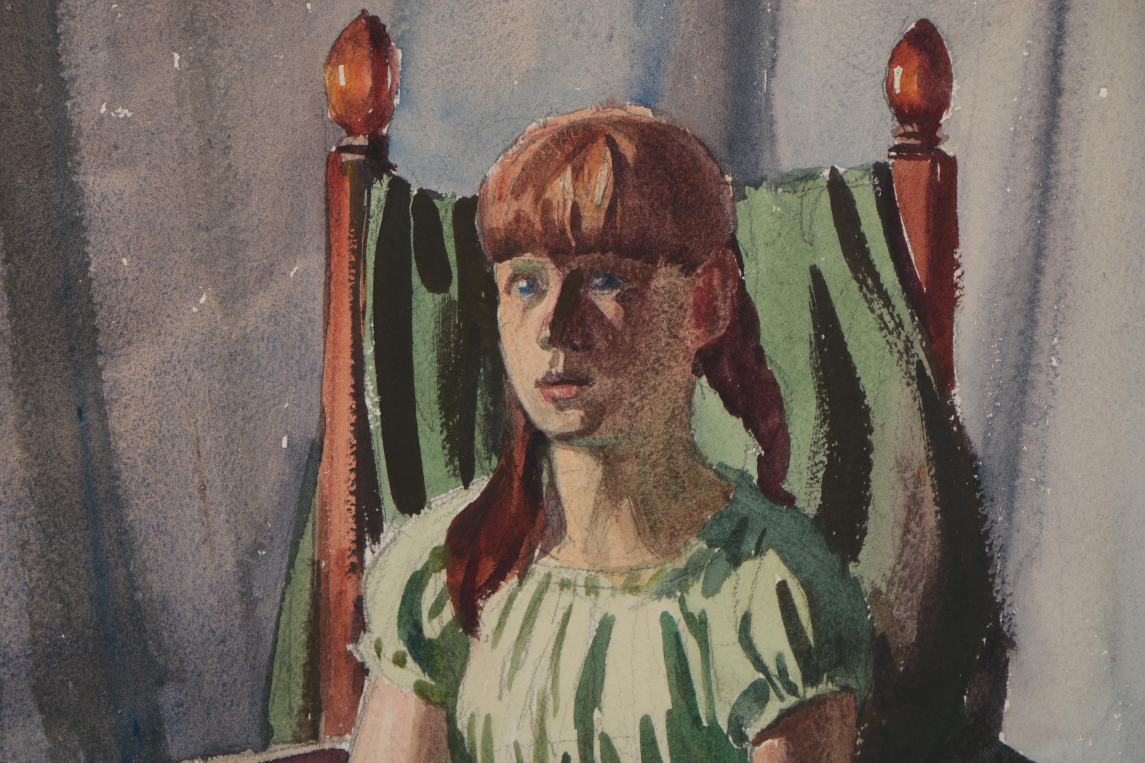 Edmond J. Fitzgerald Watercolor Portrait of Seated Girl