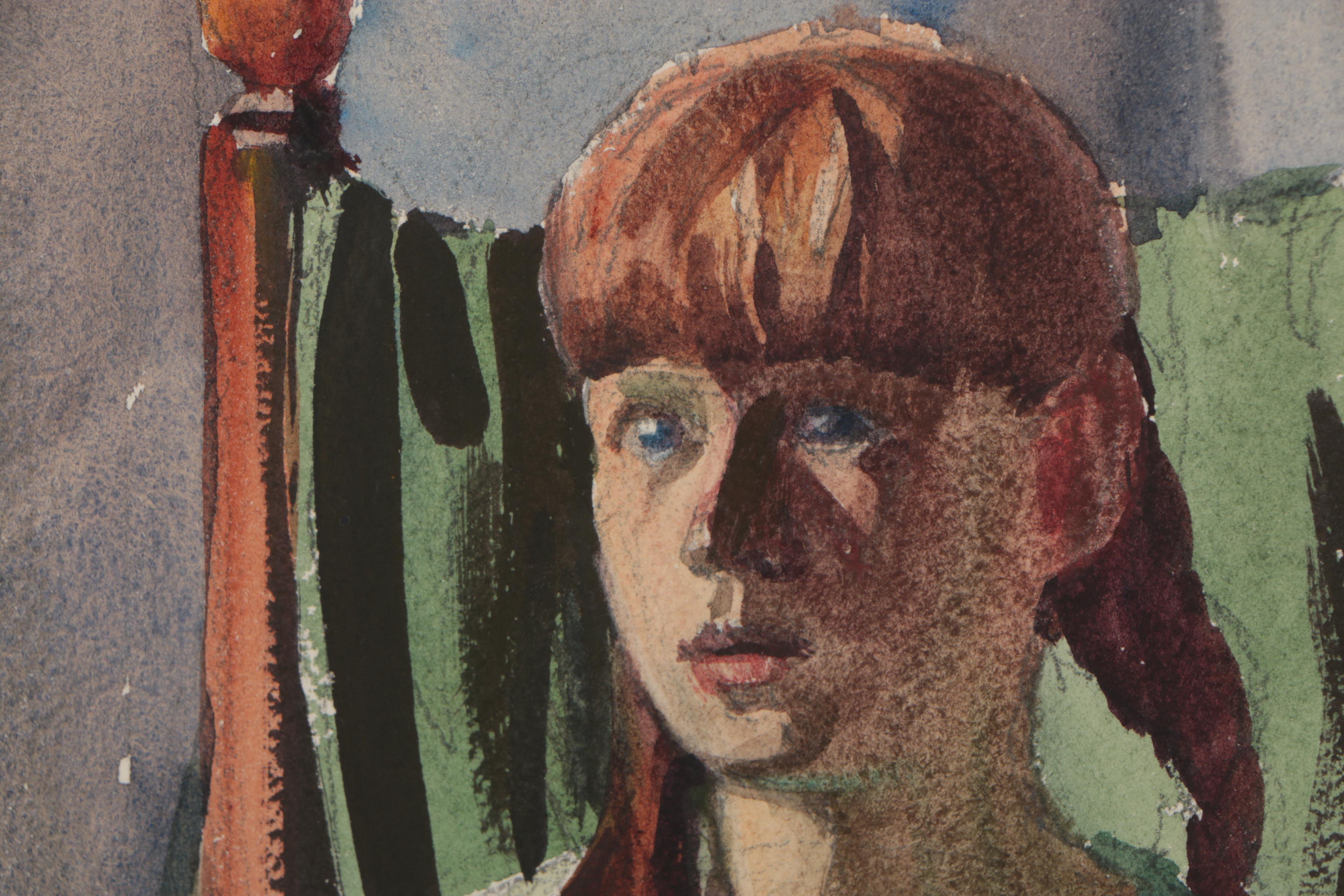 Edmond J. Fitzgerald Watercolor Portrait of Seated Girl