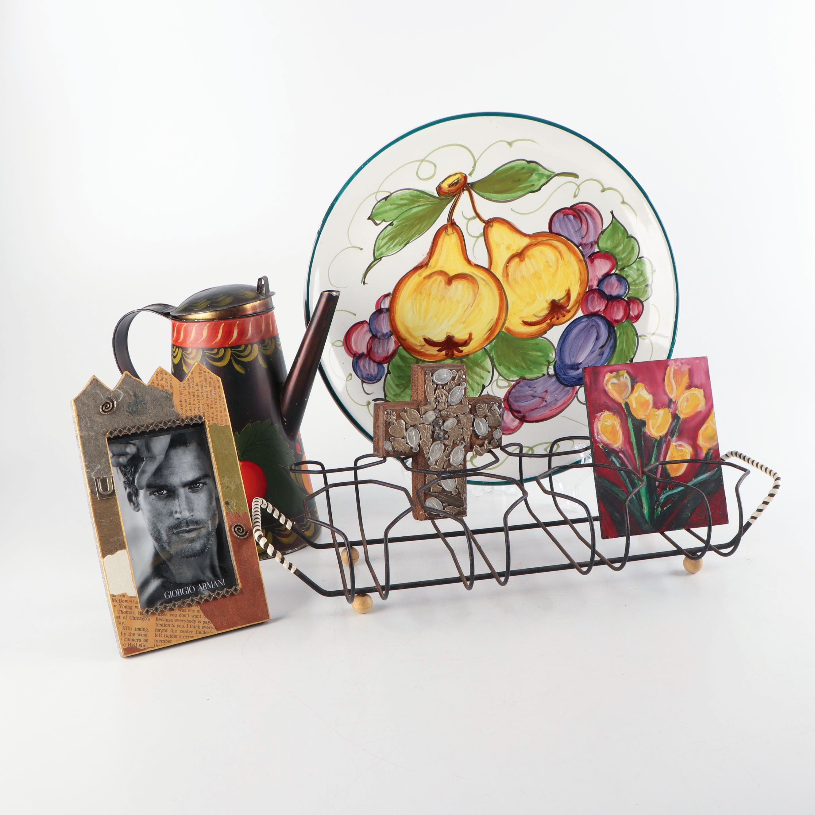 Tole Painted Pitcher with Vintage and Hand Crafted Decor