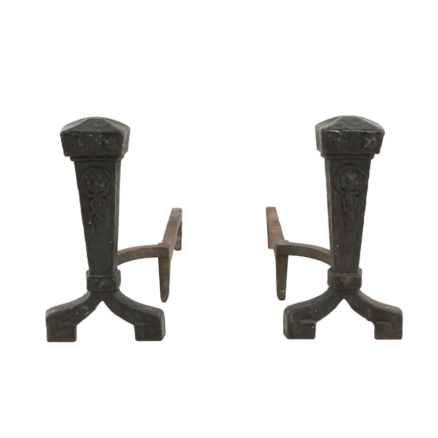 Pair of Arts and Crafts Cast Iron Andirons, Early 20th Century
