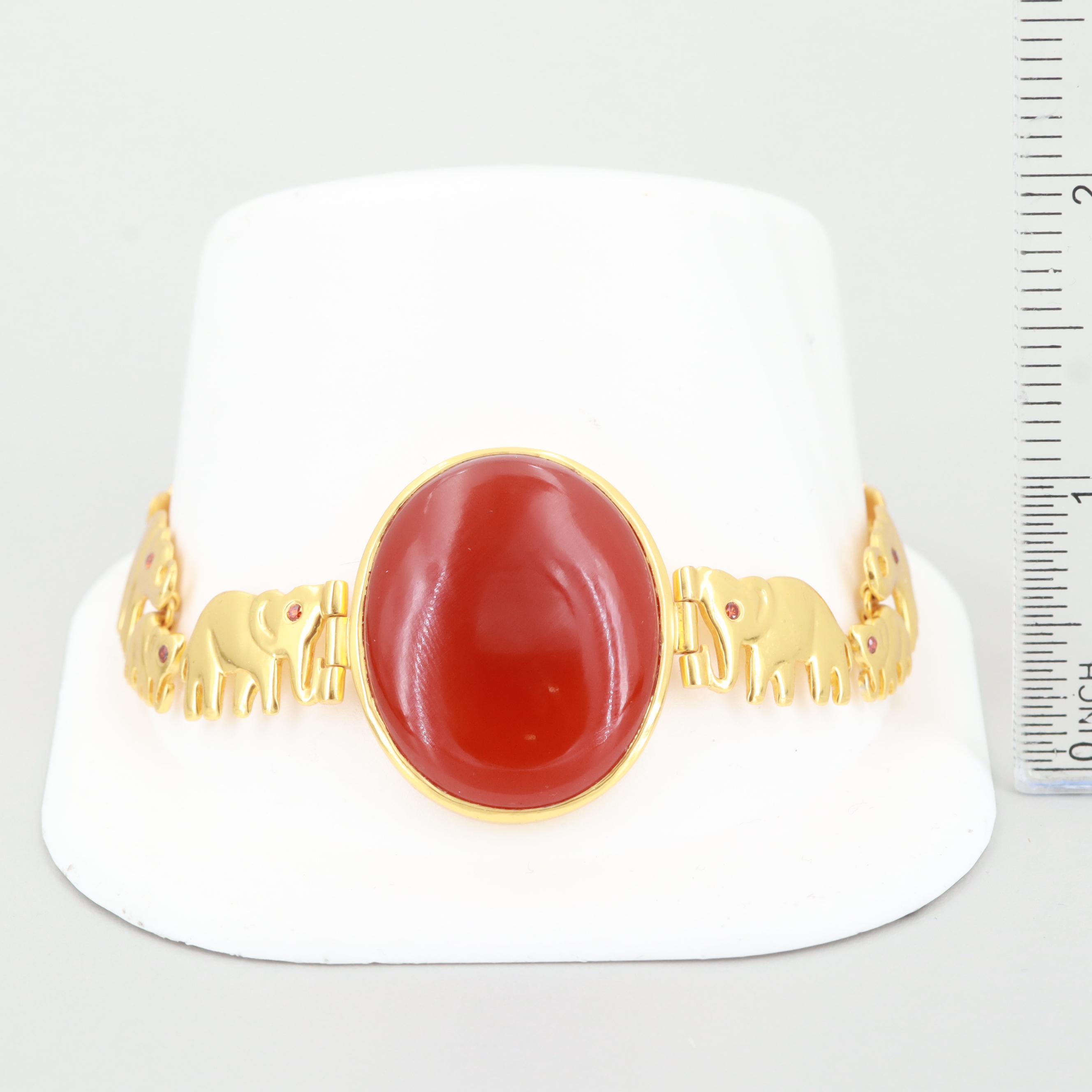 Gold Wash on Sterling Silver Carnelian Cabochon Elephant Themed Bracelet