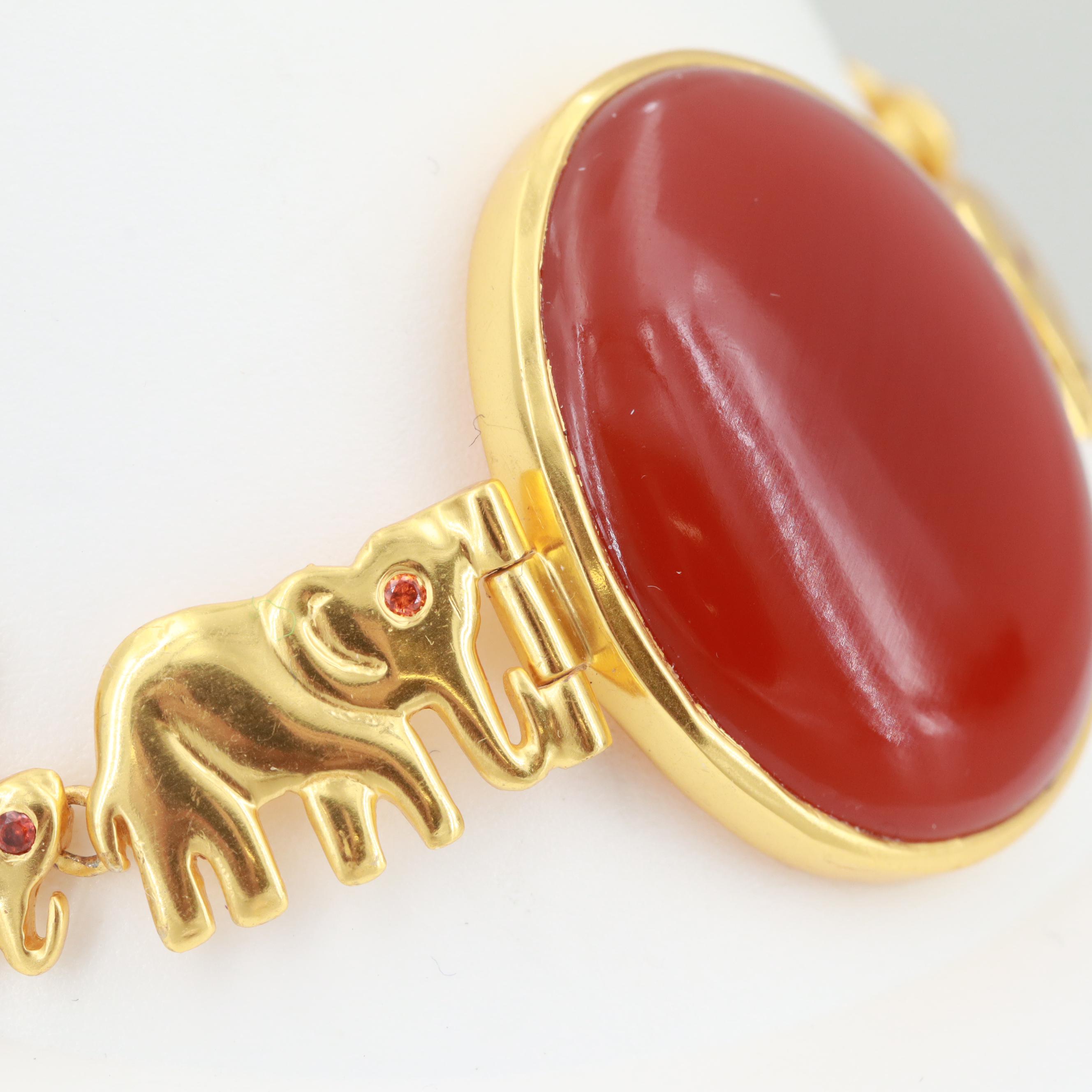 Gold Wash on Sterling Silver Carnelian Cabochon Elephant Themed Bracelet
