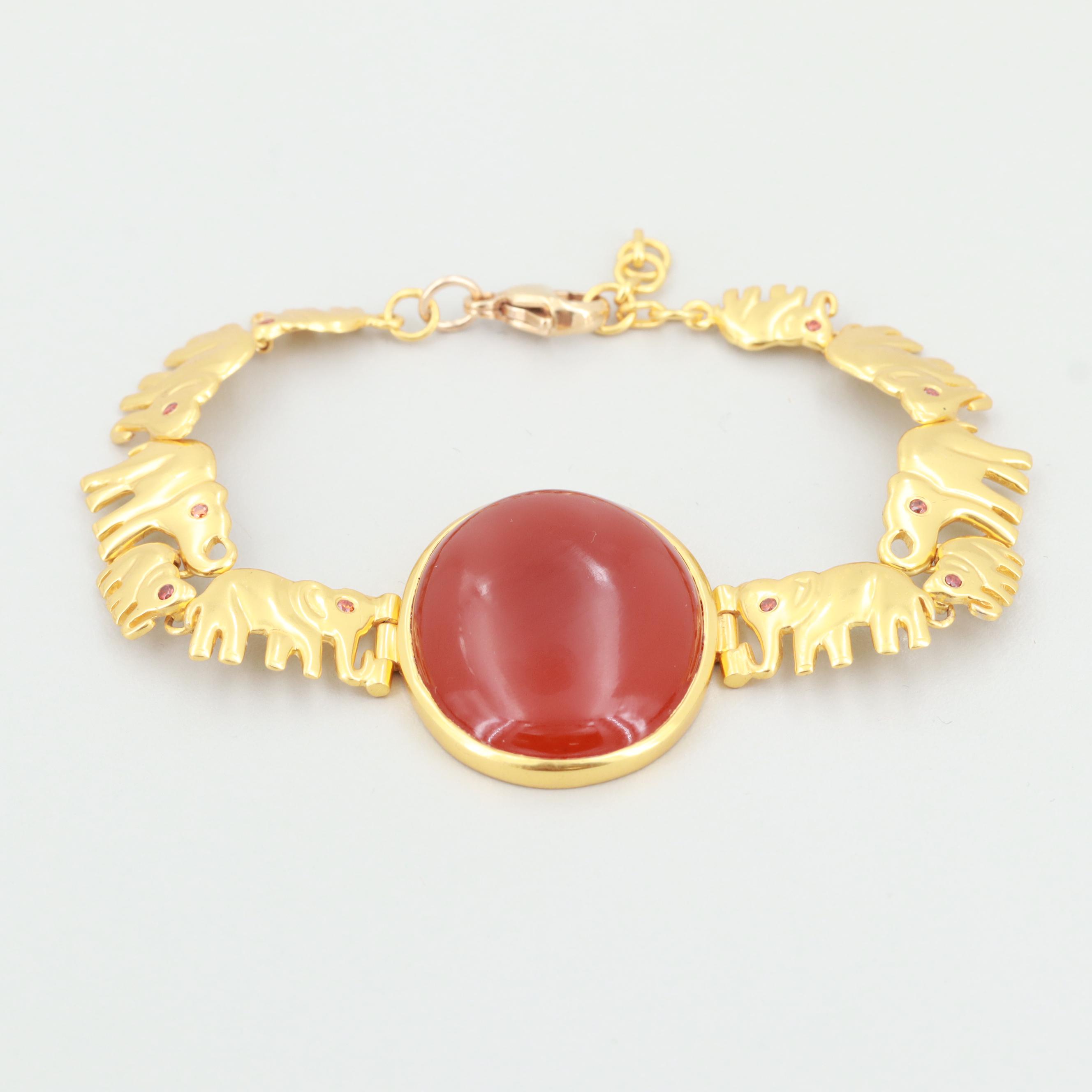 Gold Wash on Sterling Silver Carnelian Cabochon Elephant Themed Bracelet