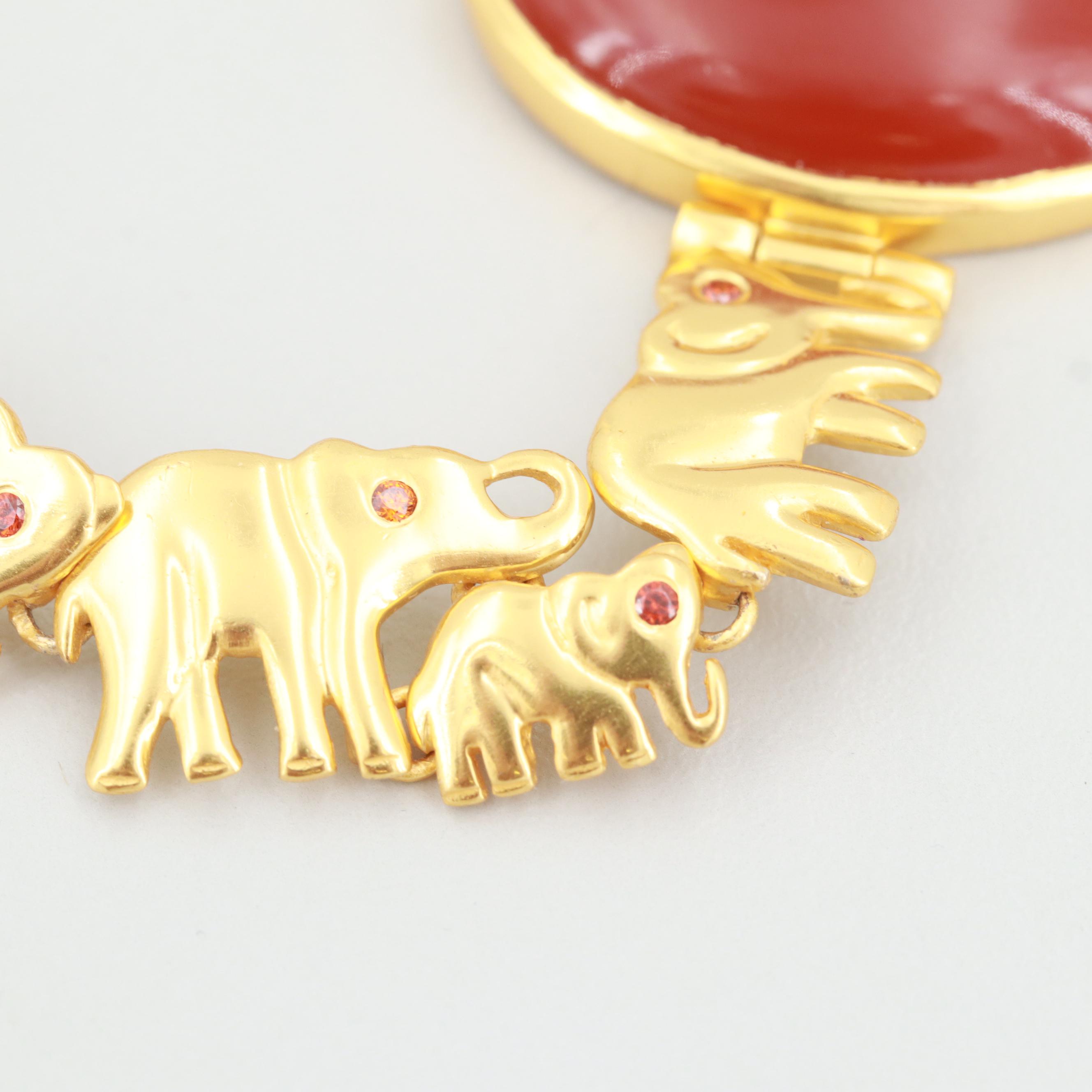 Gold Wash on Sterling Silver Carnelian Cabochon Elephant Themed Bracelet