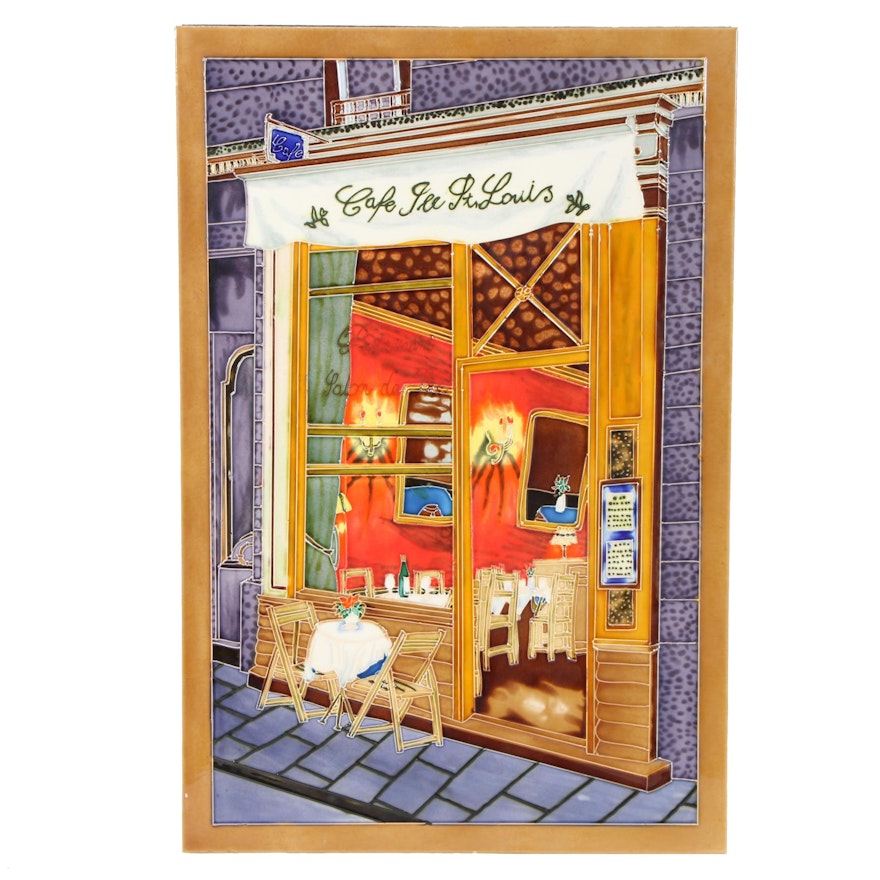 "Cafe Ile St. Louis" Enameled Tile Plaque