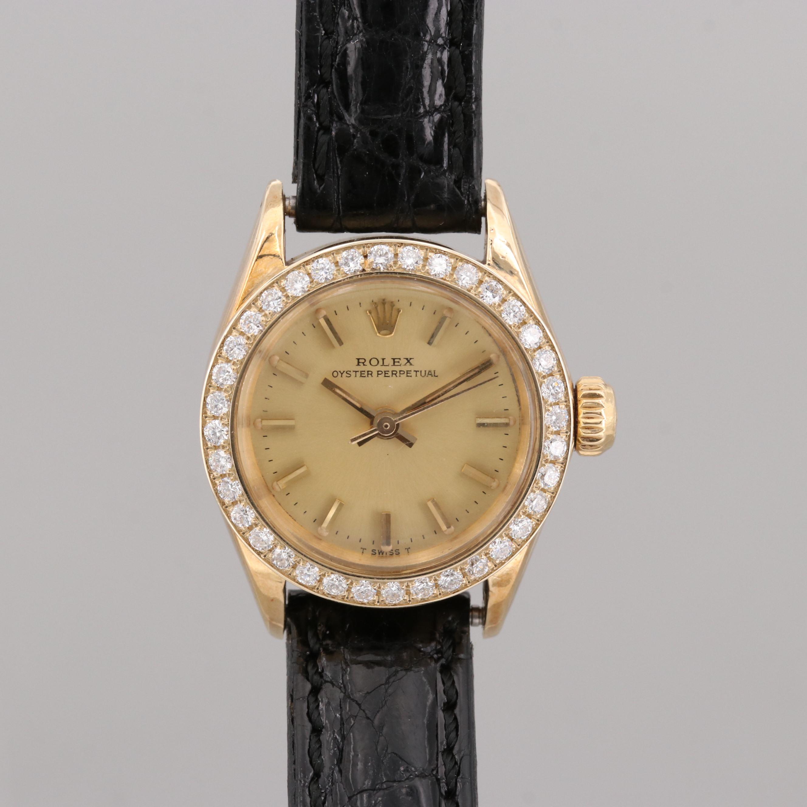 Rolex Oyster Perpetual 14K Yellow Gold Automatic Watch With Diamond Bezel