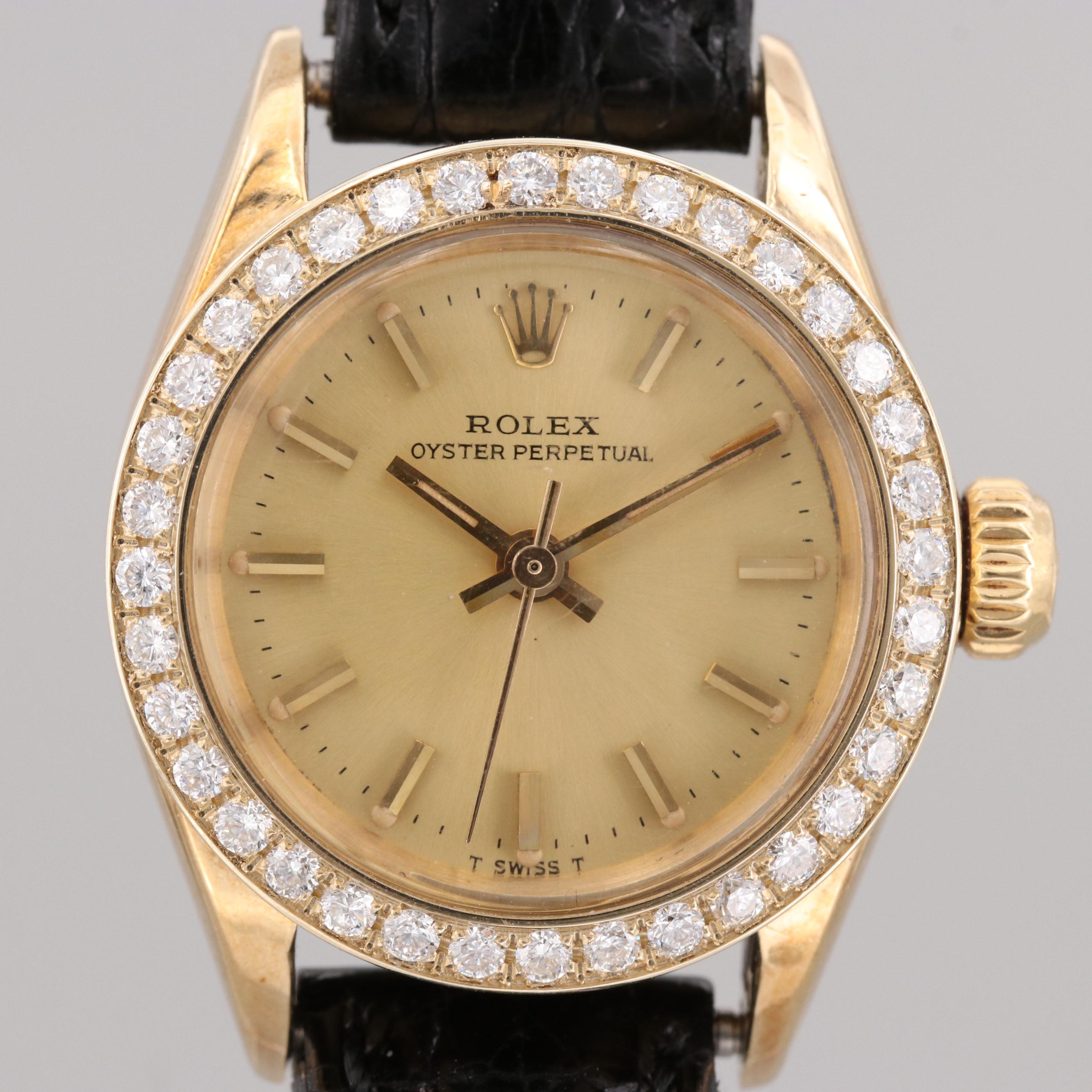 Rolex Oyster Perpetual 14K Yellow Gold Automatic Watch With Diamond Bezel