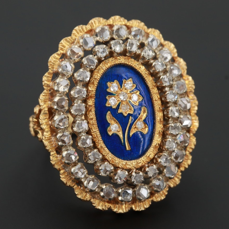 18K Yellow Gold Diamond and Enamel Ring