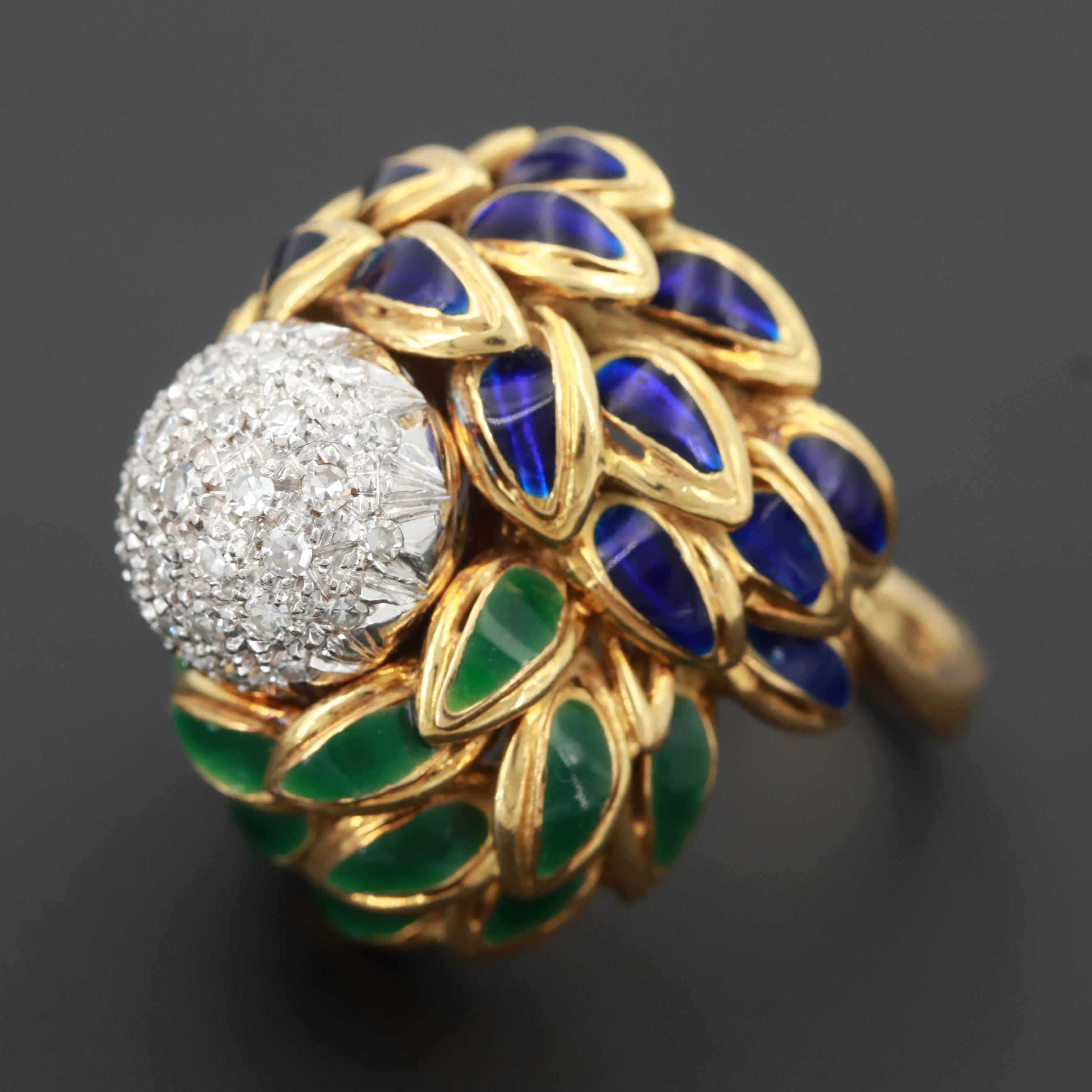 Circa 1960 Cartier 18K Yellow Gold Diamond and Enamel Bombé Ring