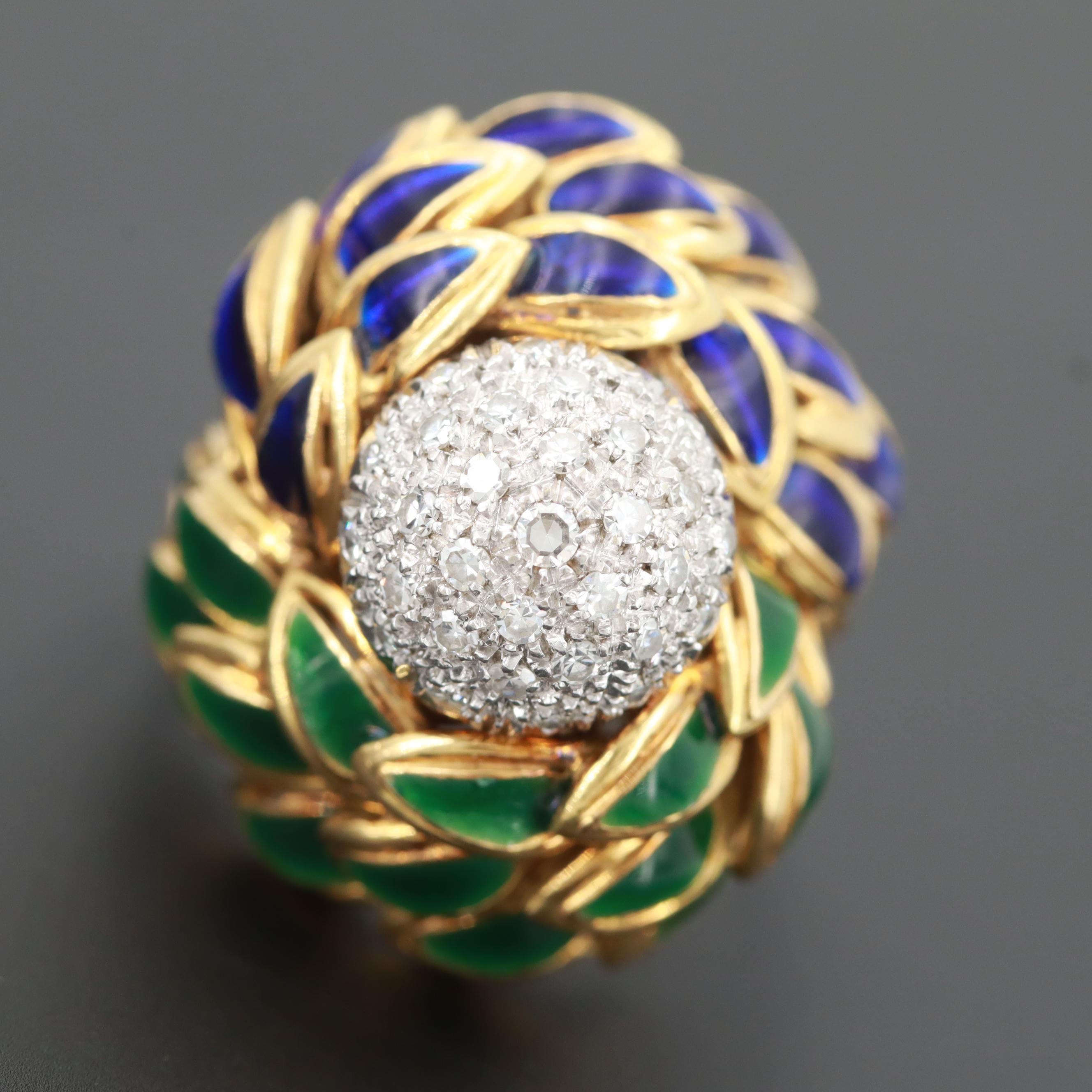 Circa 1960 Cartier 18K Yellow Gold Diamond and Enamel Bombé Ring