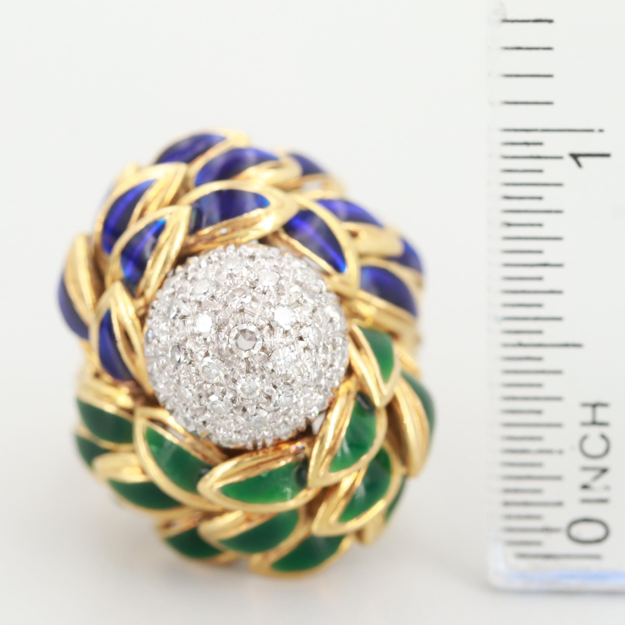 Circa 1960 Cartier 18K Yellow Gold Diamond and Enamel Bombé Ring
