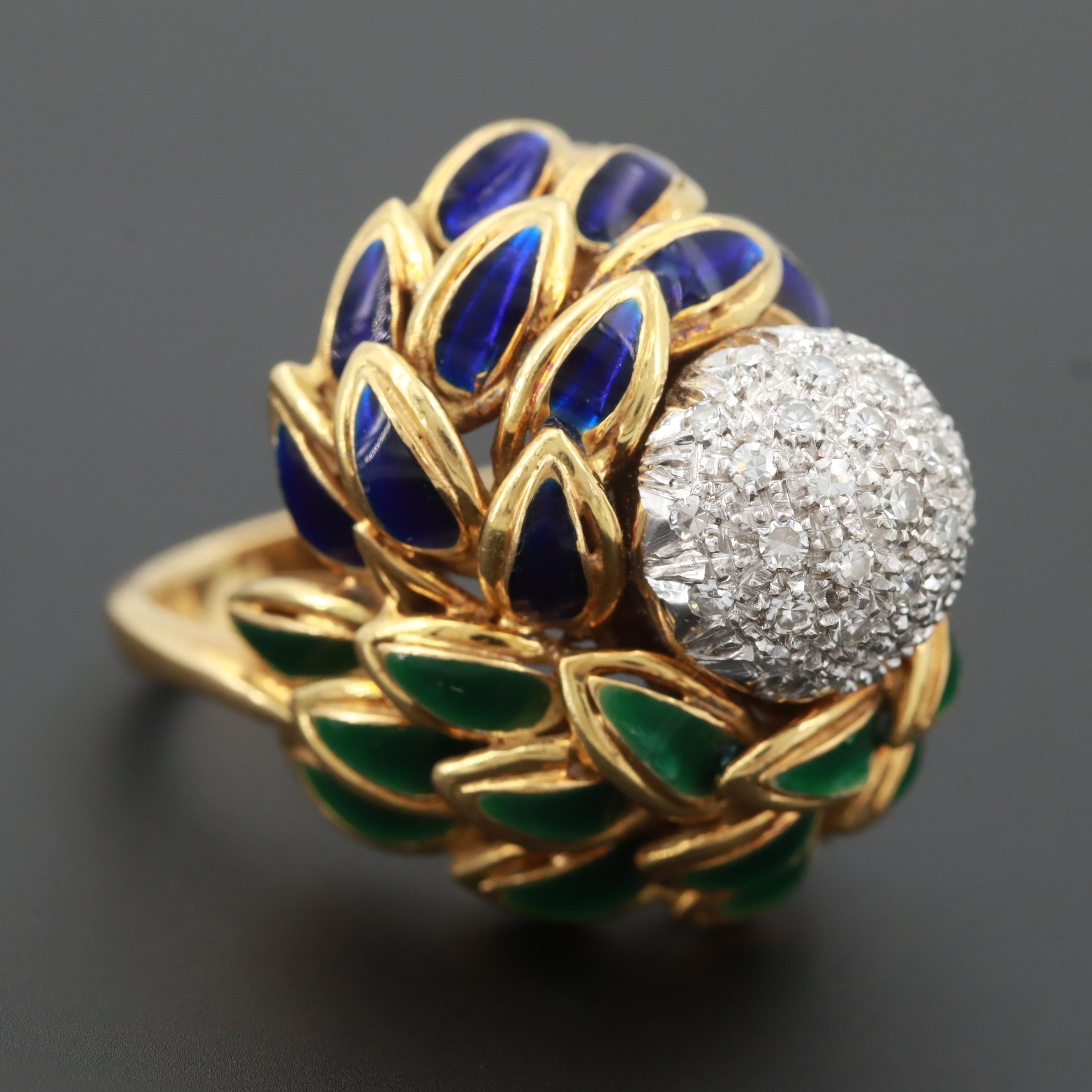 Circa 1960 Cartier 18K Yellow Gold Diamond and Enamel Bombé Ring