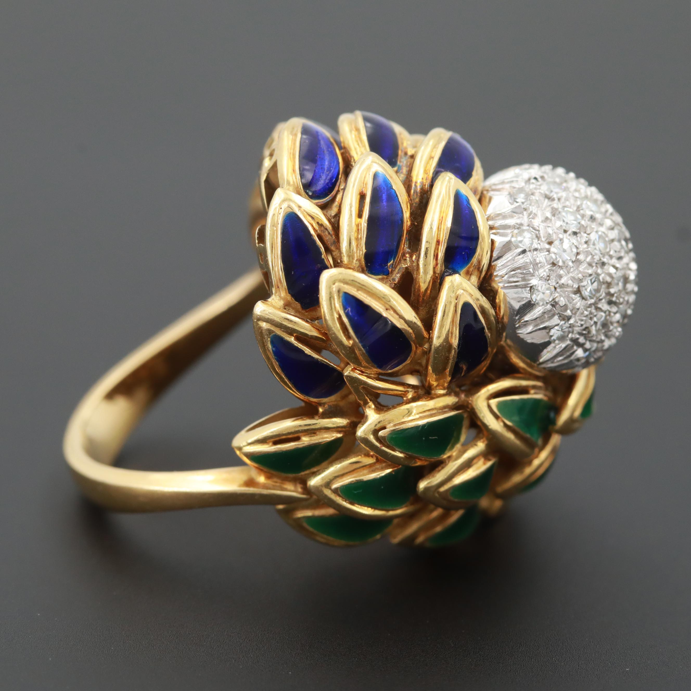 Circa 1960 Cartier 18K Yellow Gold Diamond and Enamel Bombé Ring