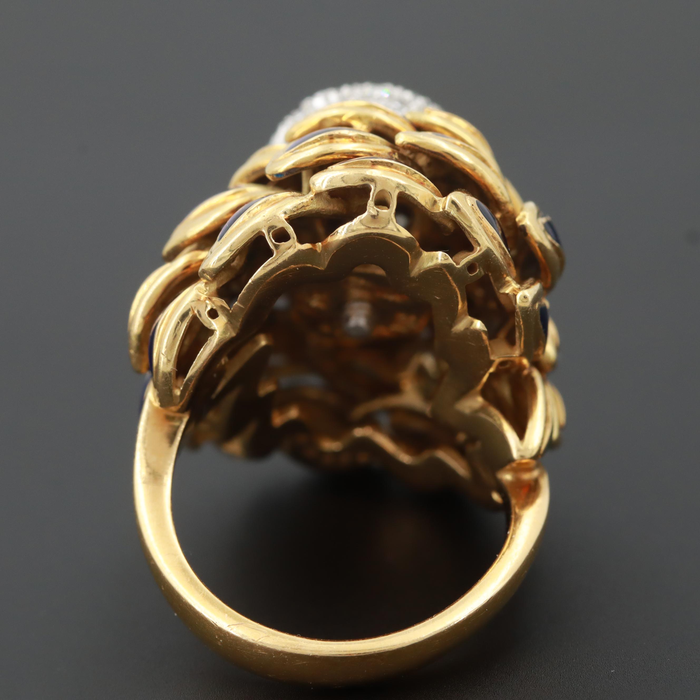 Circa 1960 Cartier 18K Yellow Gold Diamond and Enamel Bombé Ring