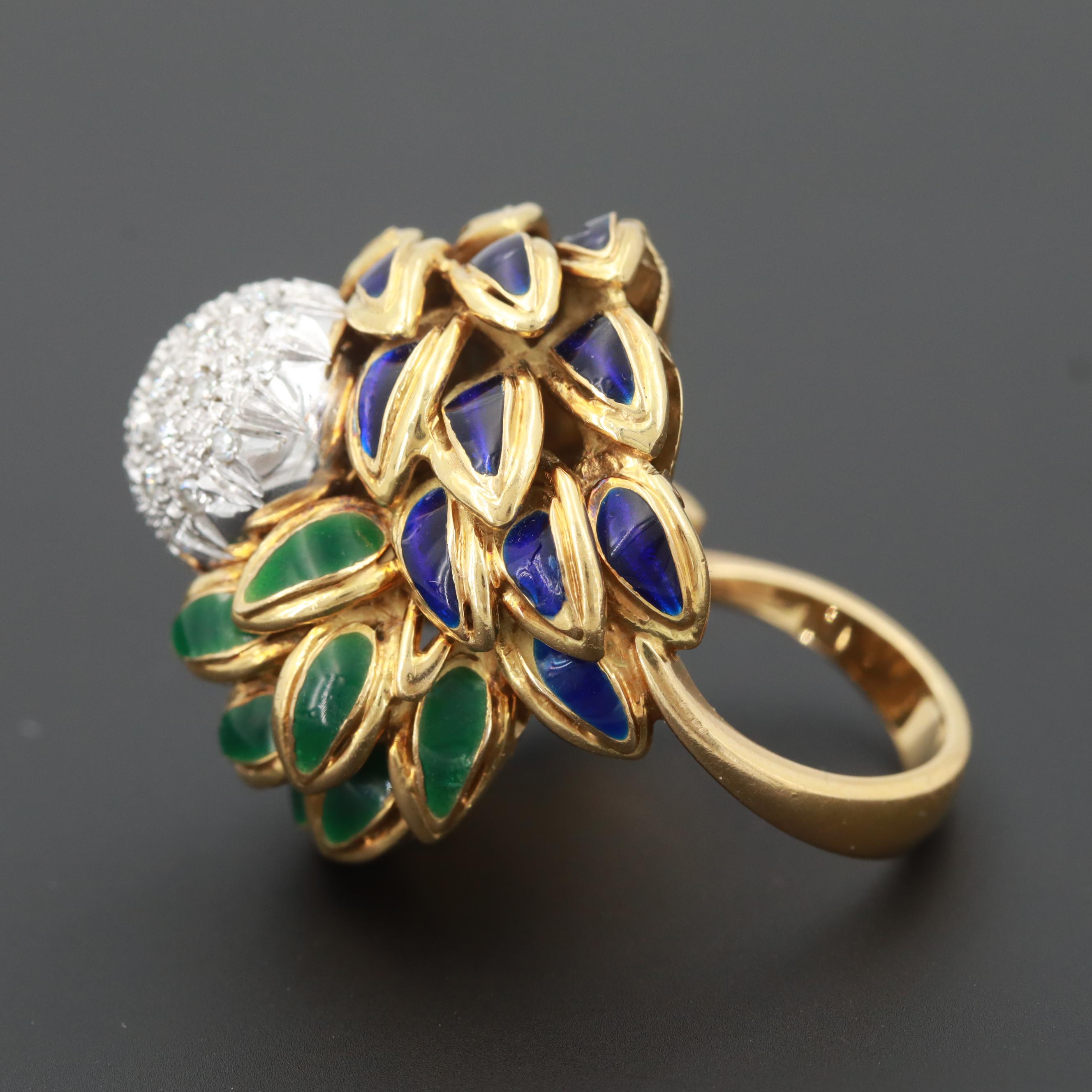 Circa 1960 Cartier 18K Yellow Gold Diamond and Enamel Bombé Ring