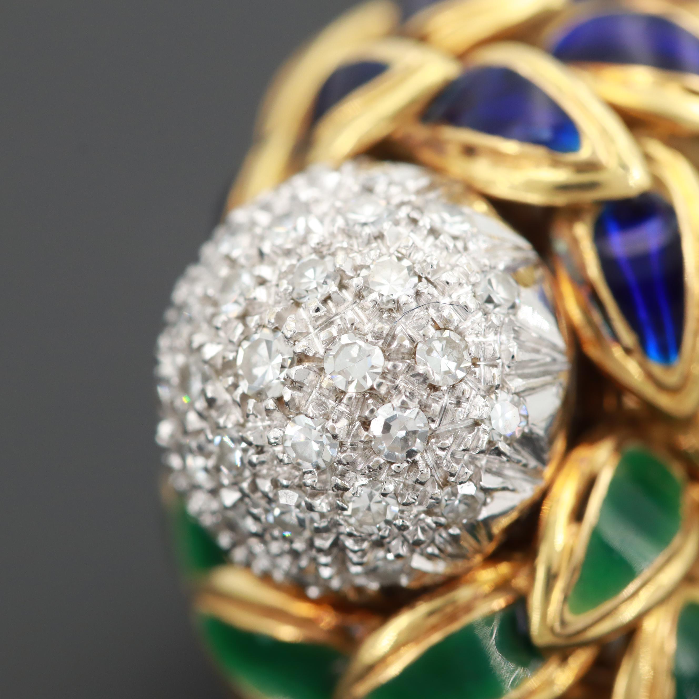 Circa 1960 Cartier 18K Yellow Gold Diamond and Enamel Bombé Ring