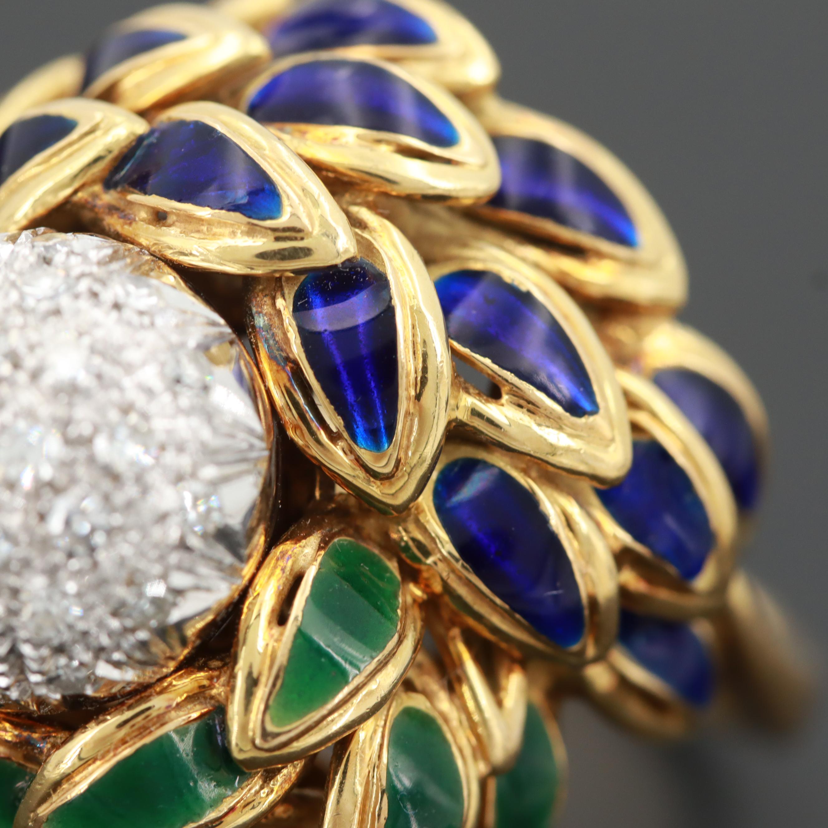 Circa 1960 Cartier 18K Yellow Gold Diamond and Enamel Bombé Ring