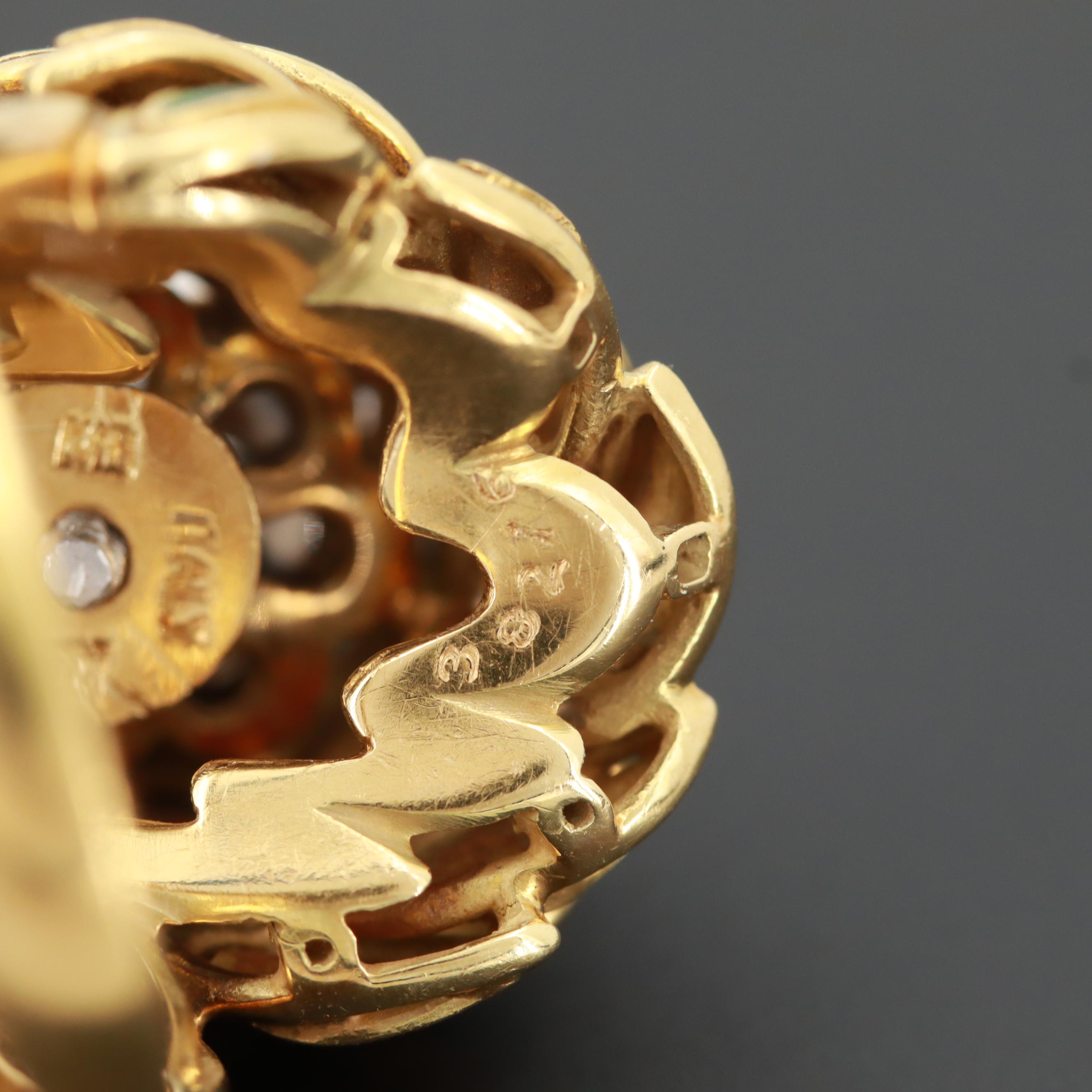 Circa 1960 Cartier 18K Yellow Gold Diamond and Enamel Bombé Ring