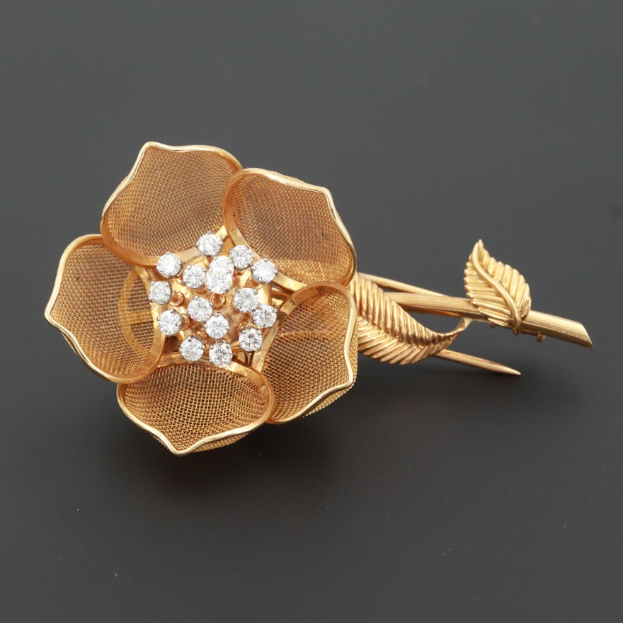 Circa 1970s French 18K Gold 1.03 CTW Diamond Articulating Flower Fur Brooch