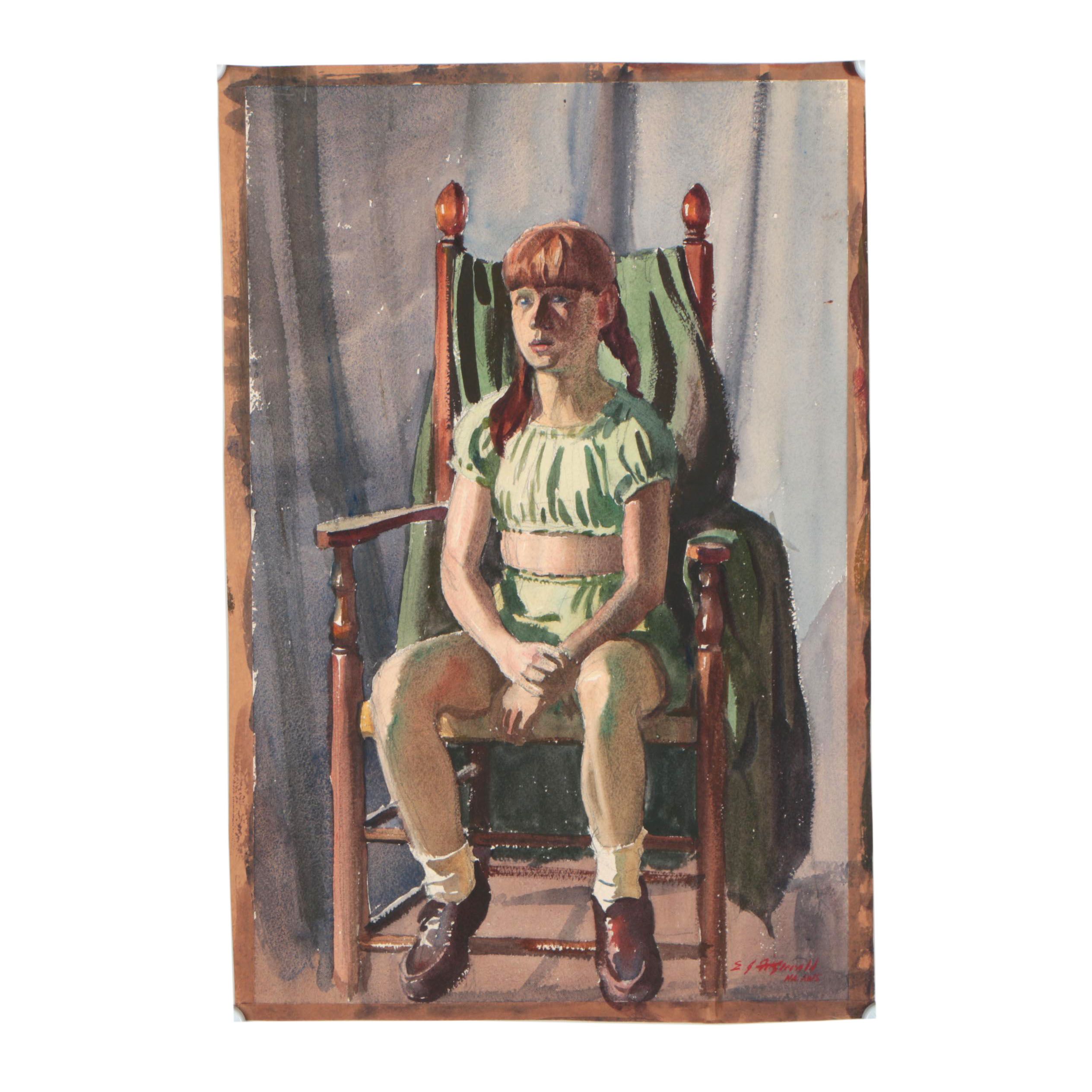 Edmond J. Fitzgerald Watercolor Portrait of Seated Girl