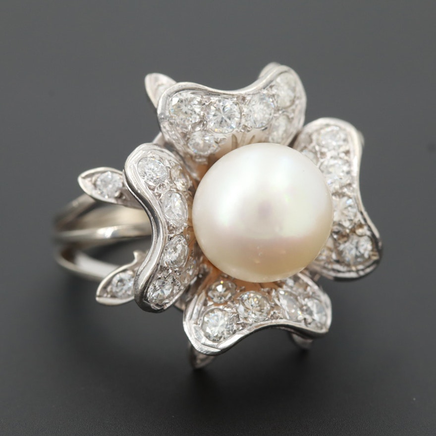 Vintage 14K White Gold Cultured Pearl and 1.36 CTW Diamond Flower Ring