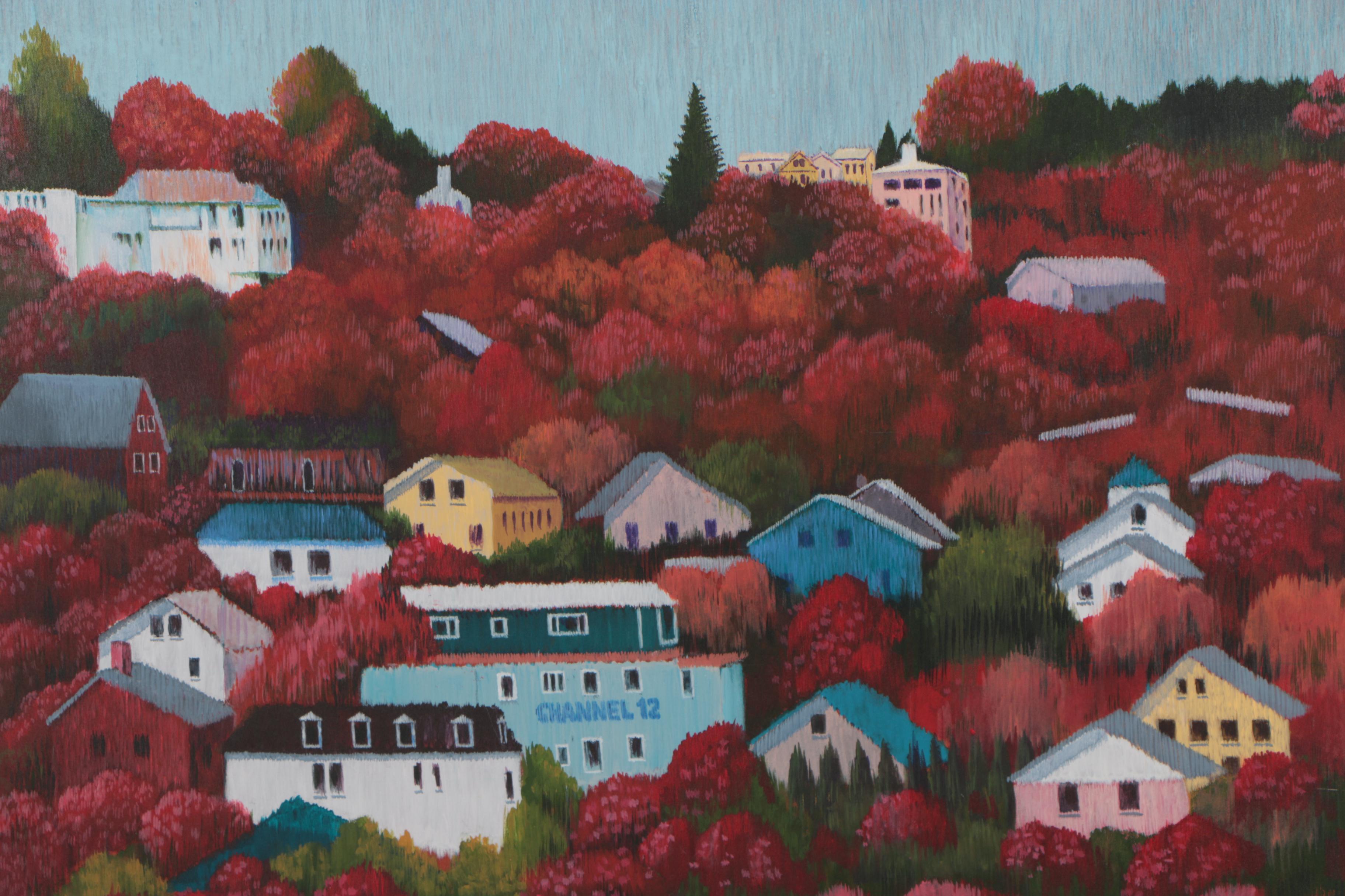 J.C. Hall Lineillist Acrylic Painting of Autumnal Townscape