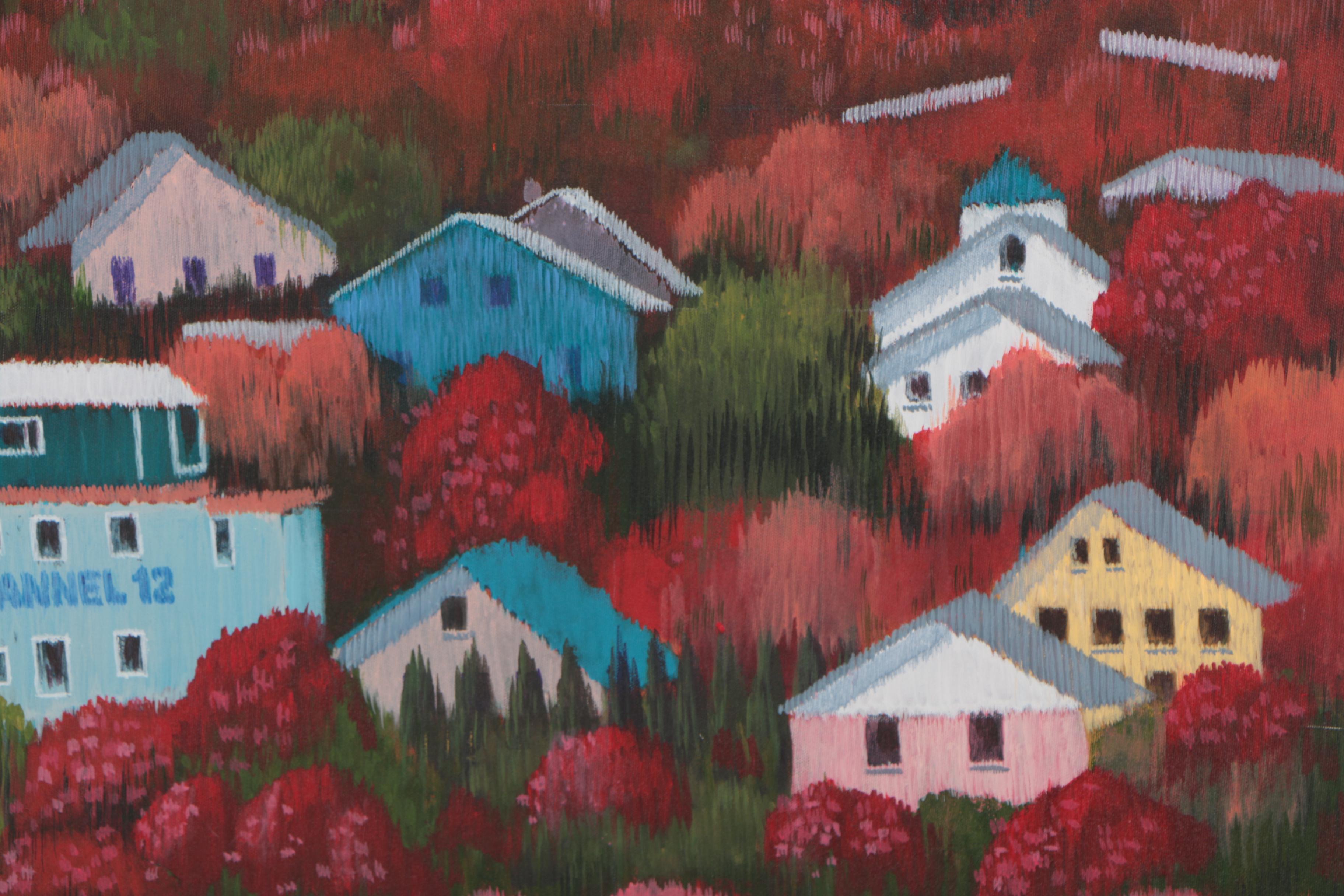 J.C. Hall Lineillist Acrylic Painting of Autumnal Townscape